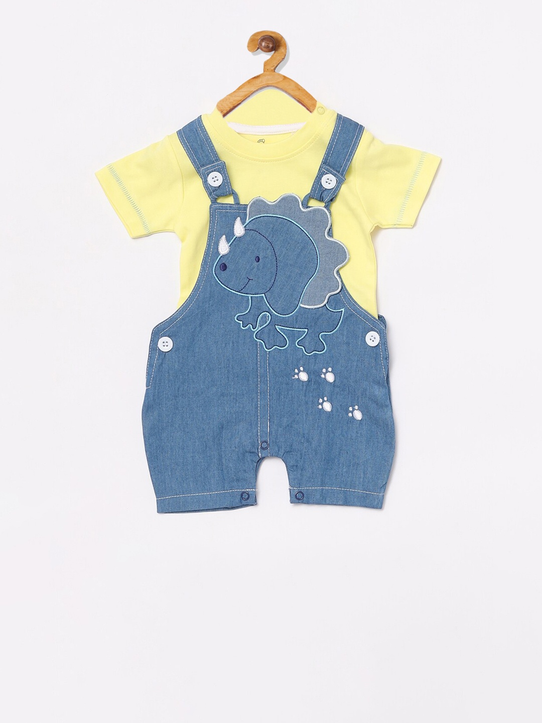

BABY GO Boys Yellow & Blue Appliqued Dungaree With T-Shirt