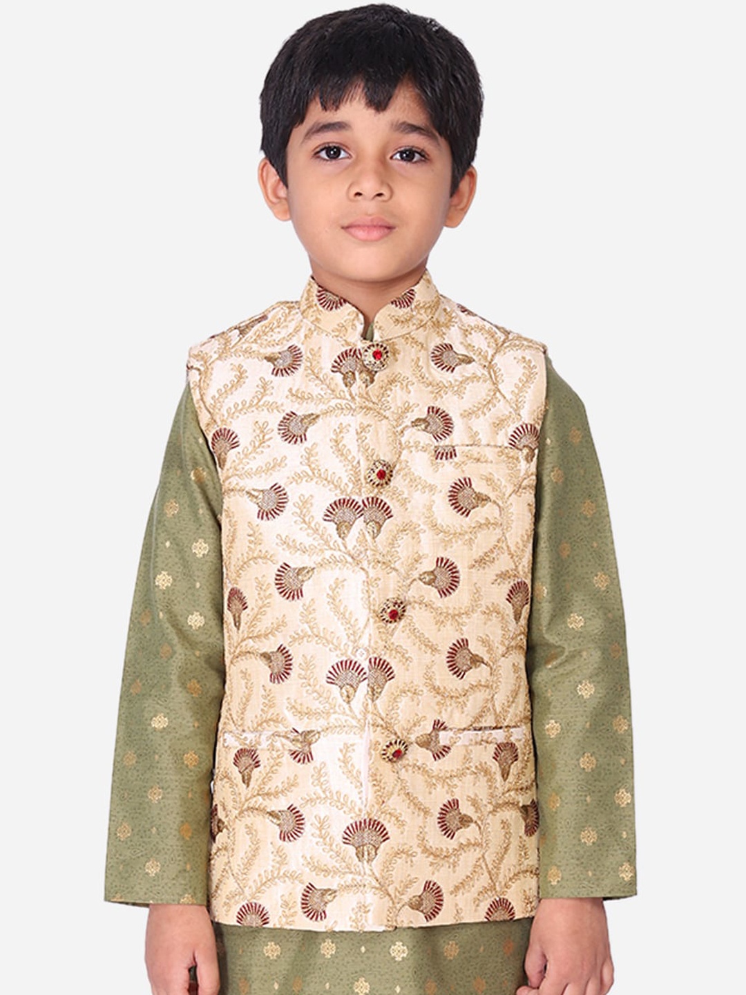

NAMASKAR Boys Beige & Maroon Zari Embroidered Woven Design Nehru Jacket