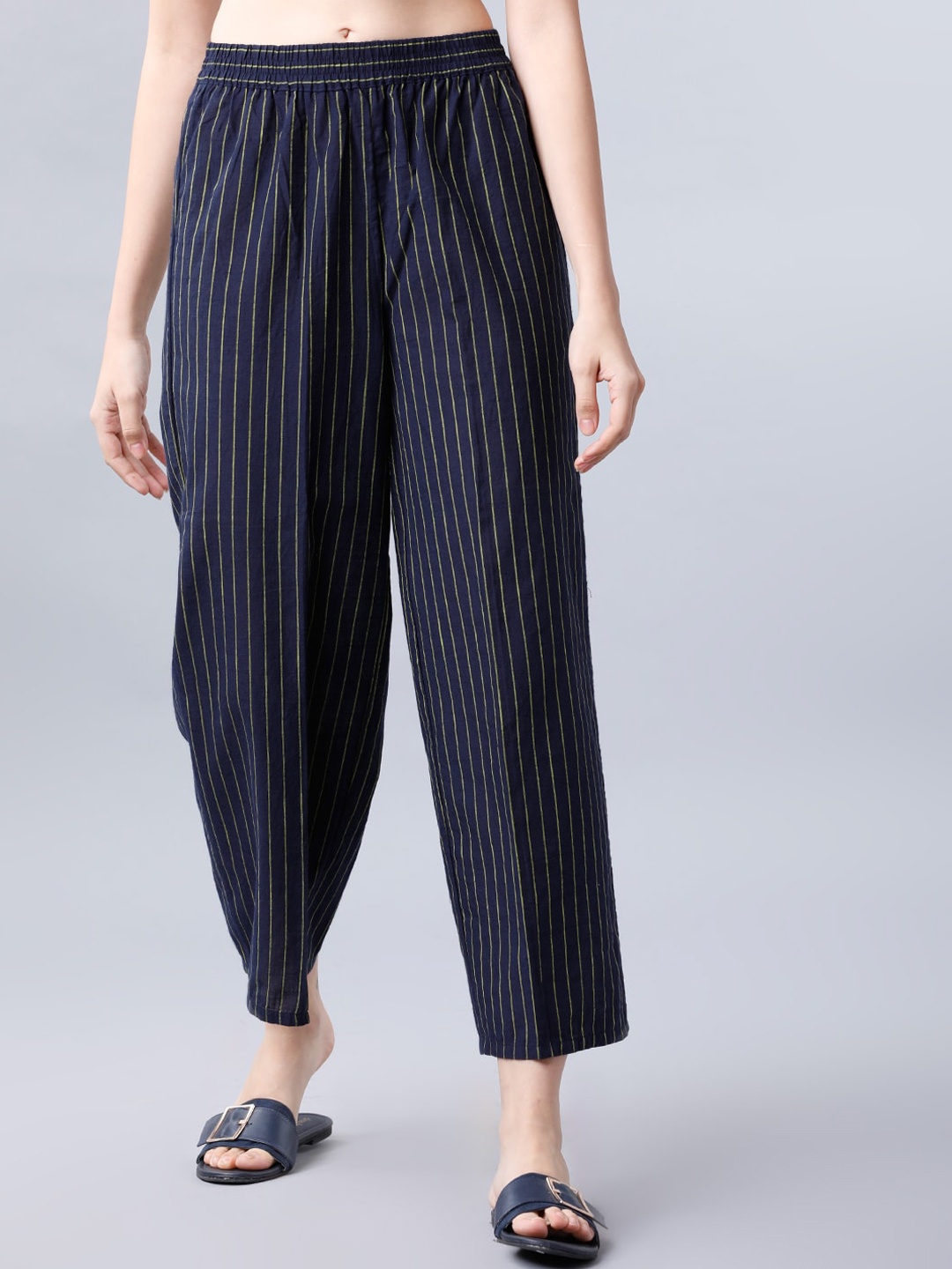 

Vishudh Women Navy Blue & Yellow Striped Stright Palazzo