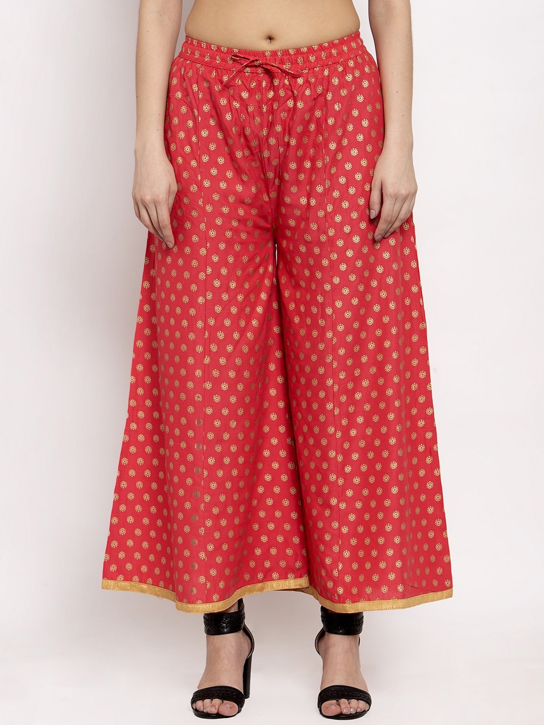 

Miaz Lifestyle Women Red & Gold Embroidered Flared-Fit Palazzos