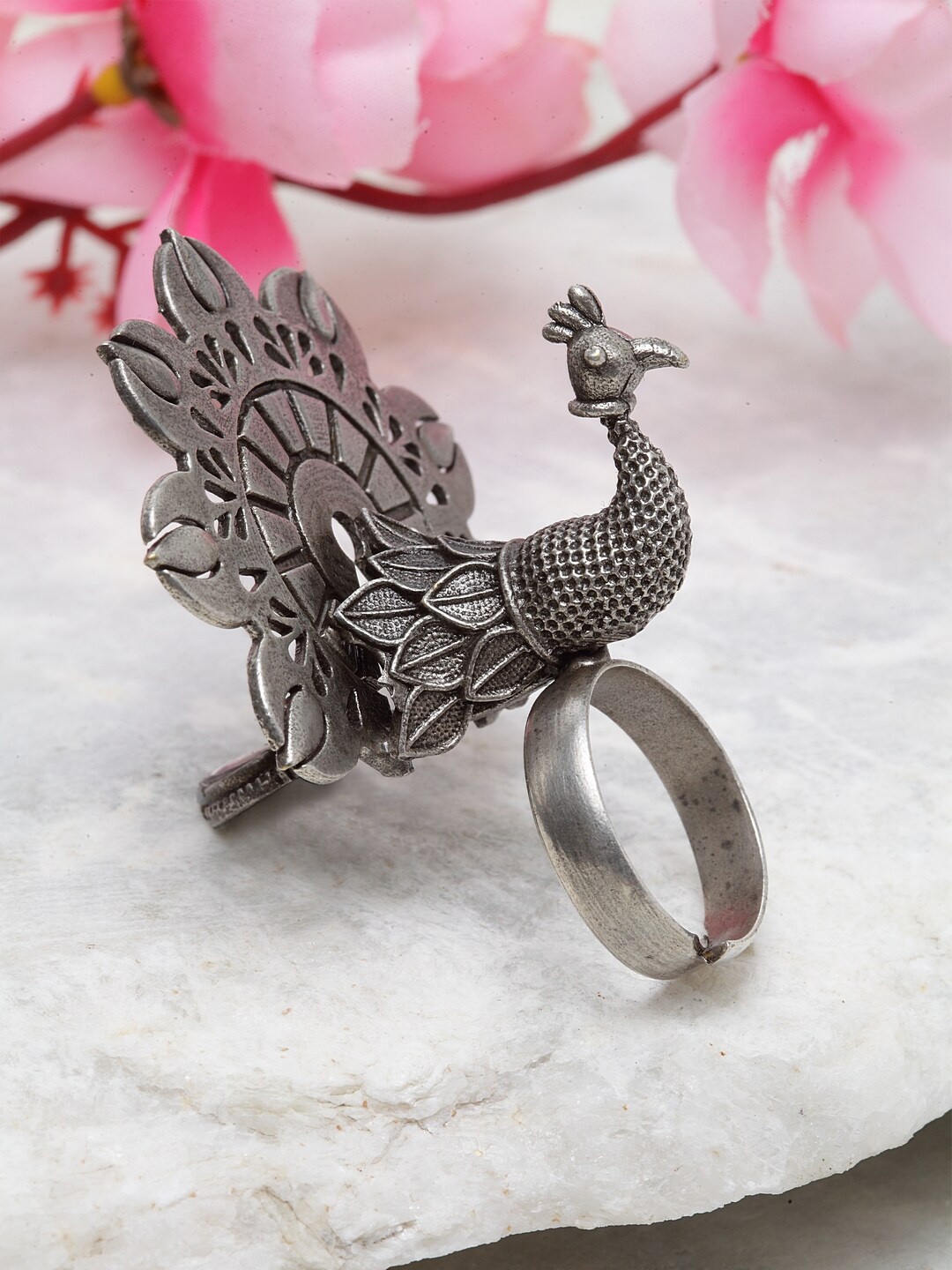 

Moedbuille Women Oxidised Silver-Plated Handcrafted Peacock-Shaped Adjustable Finger Ring