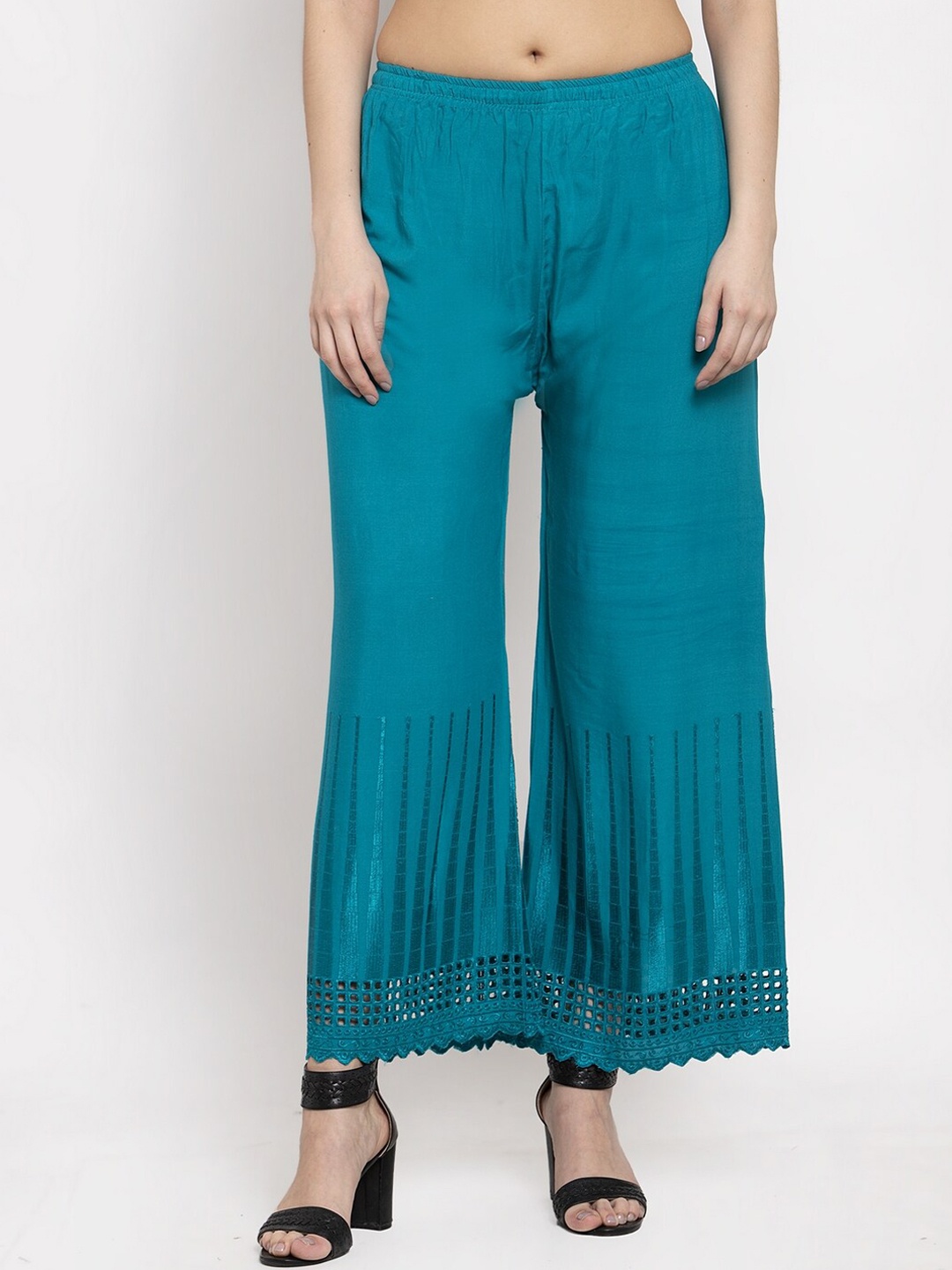 

Miaz Lifestyle Women Teal Blue Hem-Design Straight-Fit Palazzos
