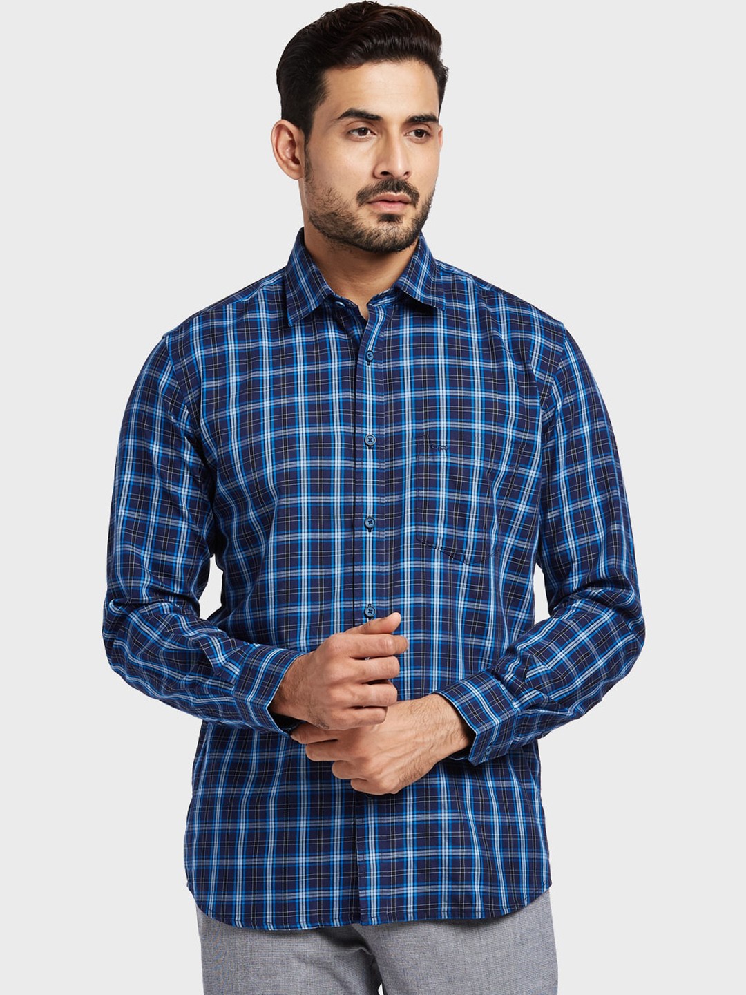 

ColorPlus Men Blue Tailored Fit Checked Casual Shirt