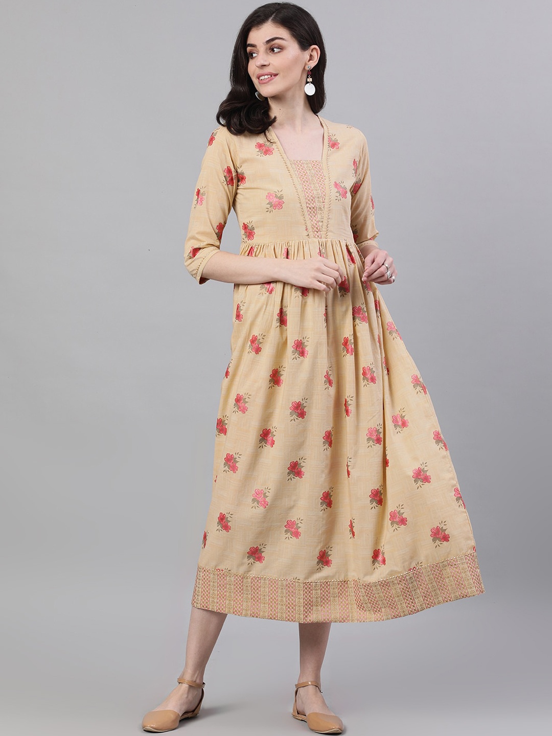 

AASI - HOUSE OF NAYO Women Beige Printed Fit and Flare Dress
