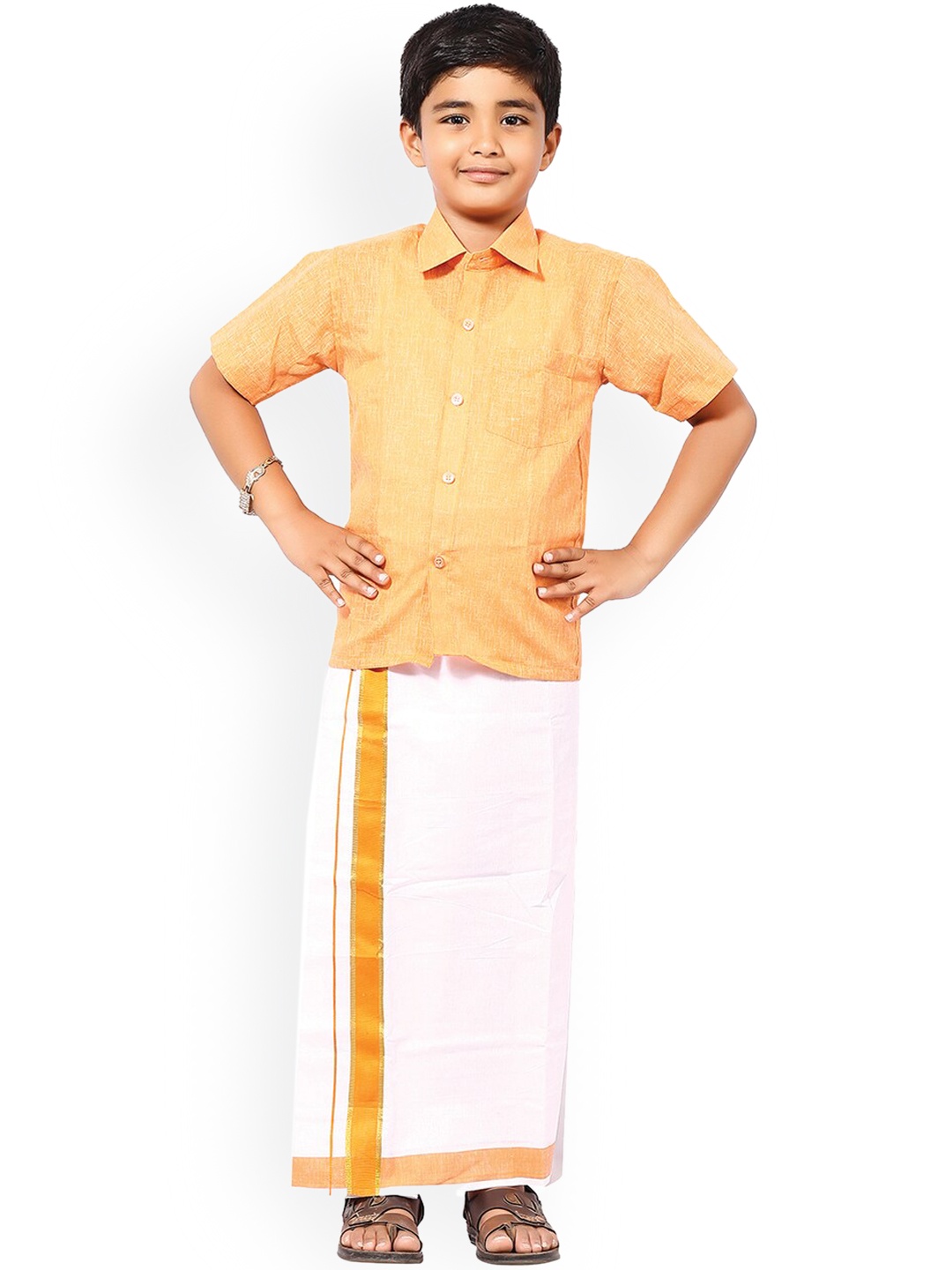 

Thangamagan Boys Yellow & White Solid Shirt and Veshti