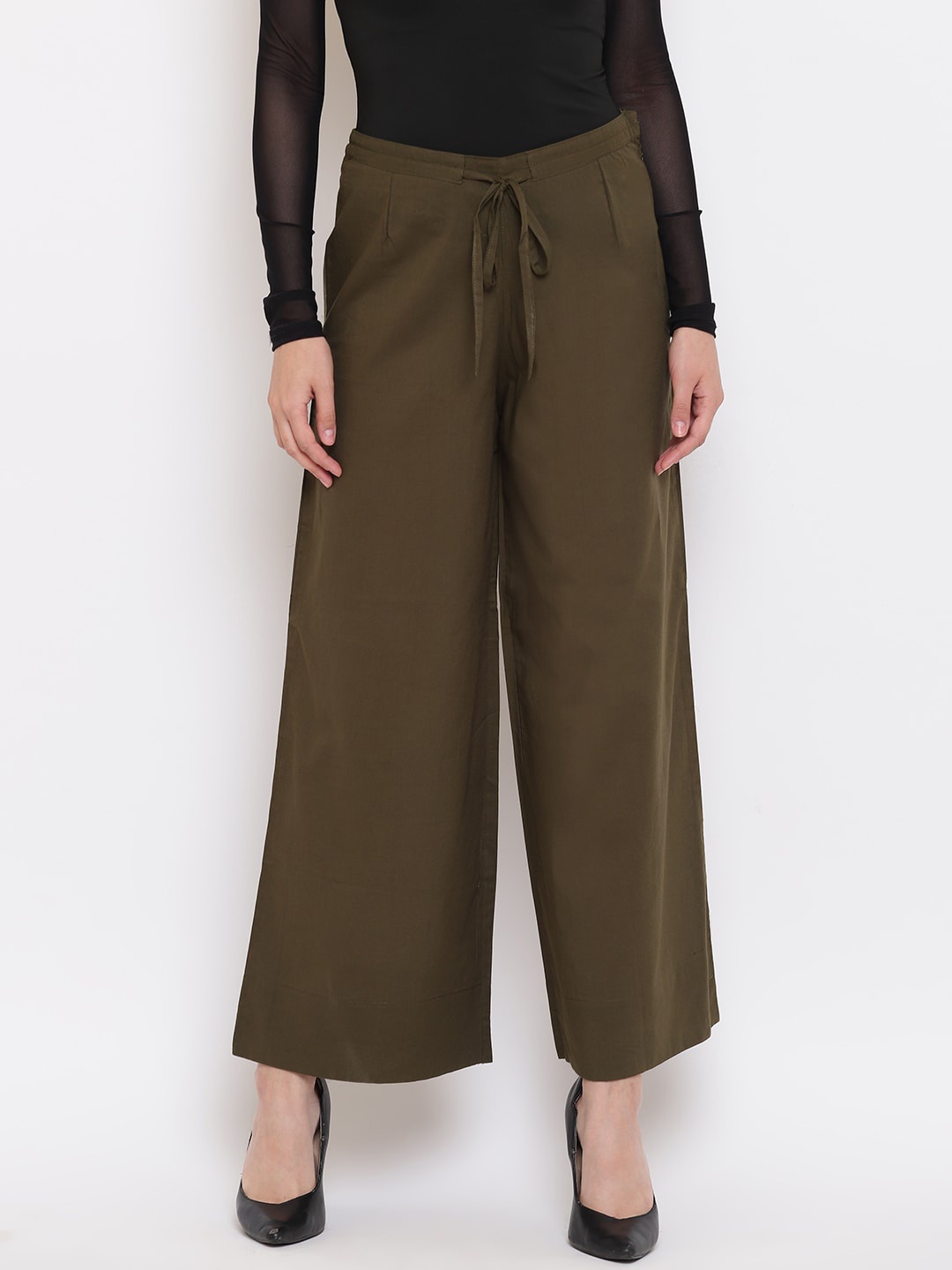 

Janasya Women Olive Green Solid Flared-Fit Palazzos