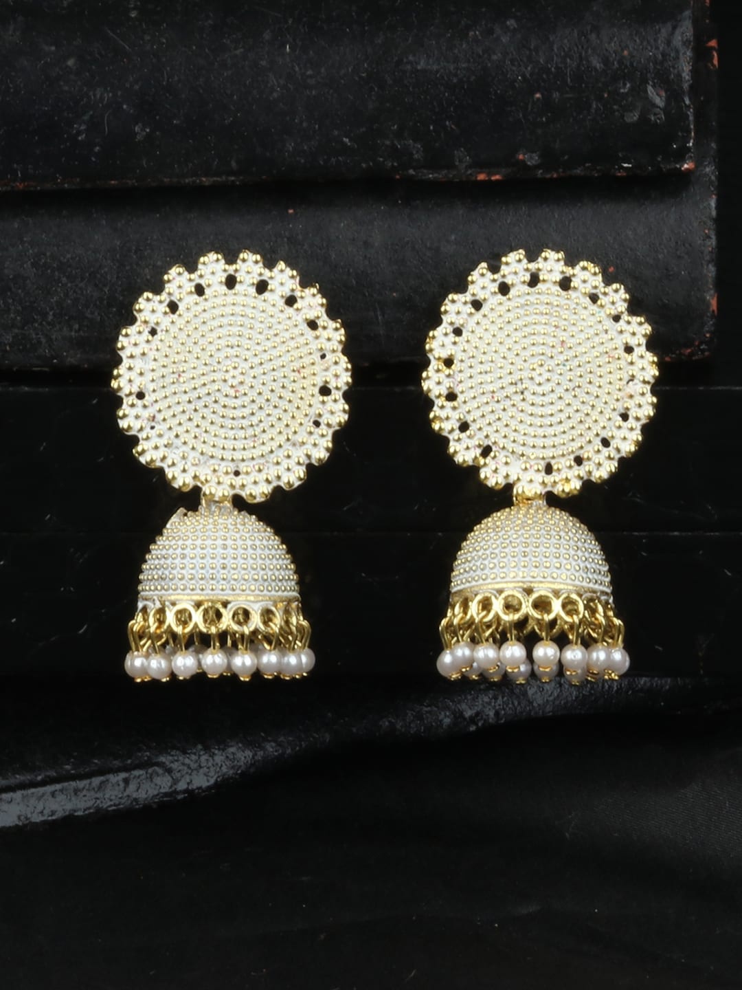 

ANIKAS CREATION White & Gold-Toned Dome Shaped Jhumkas