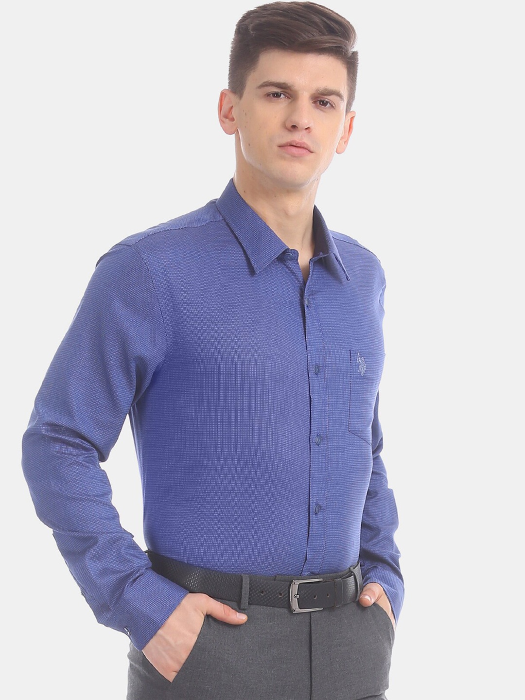 

U.S. Polo Assn. Men Blue Regular Fit Self Design Formal Shirt