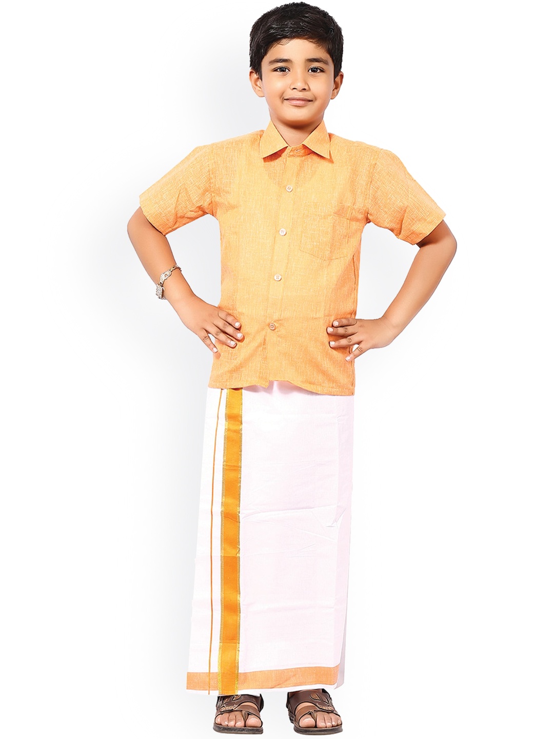 

Thangamagan Boys Peach-Coloured & White Solid Shirt and Veshti