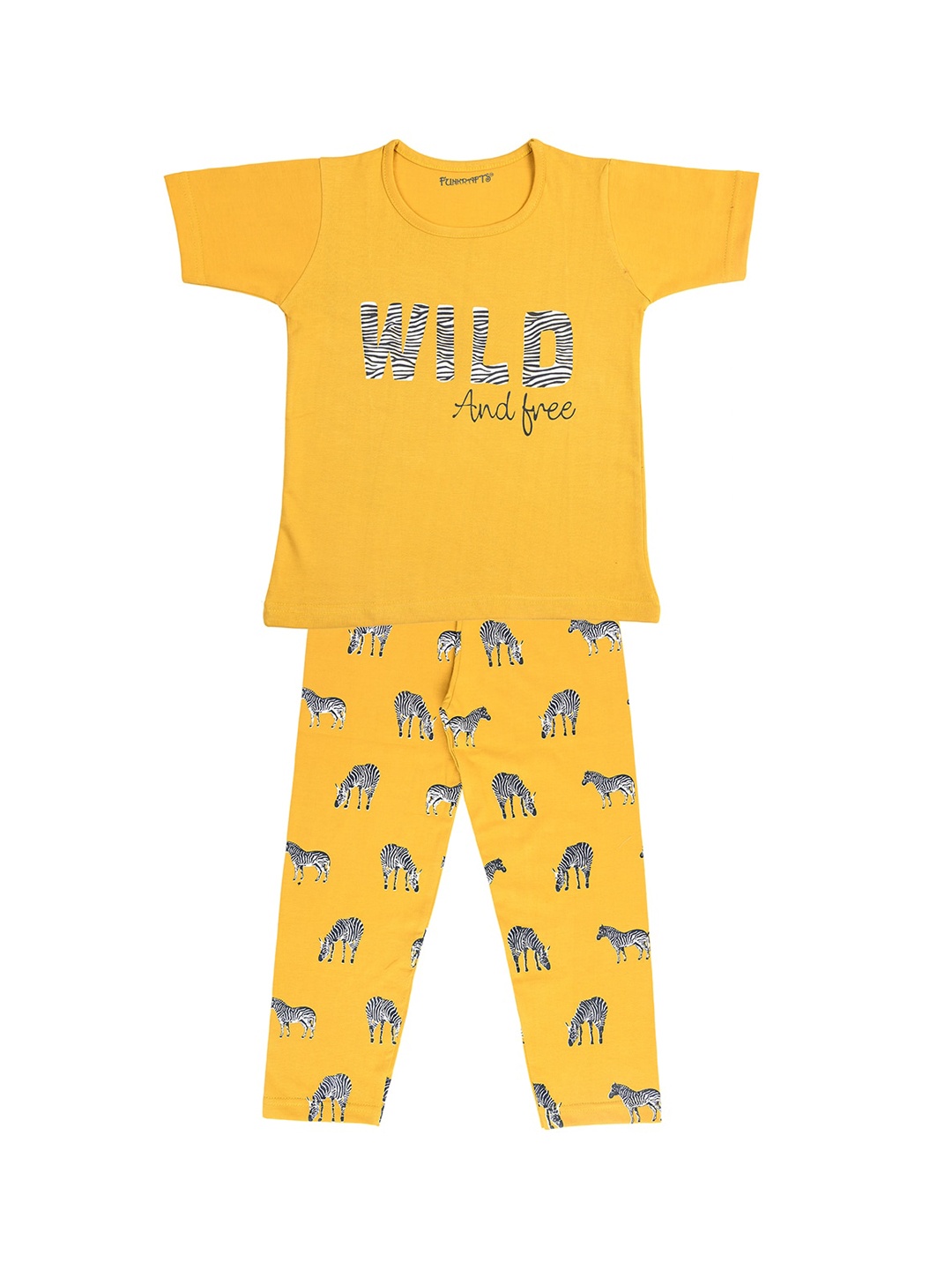 FUNKRAFTS Girls Mustard Yellow & Black Screen Printed Night Suit