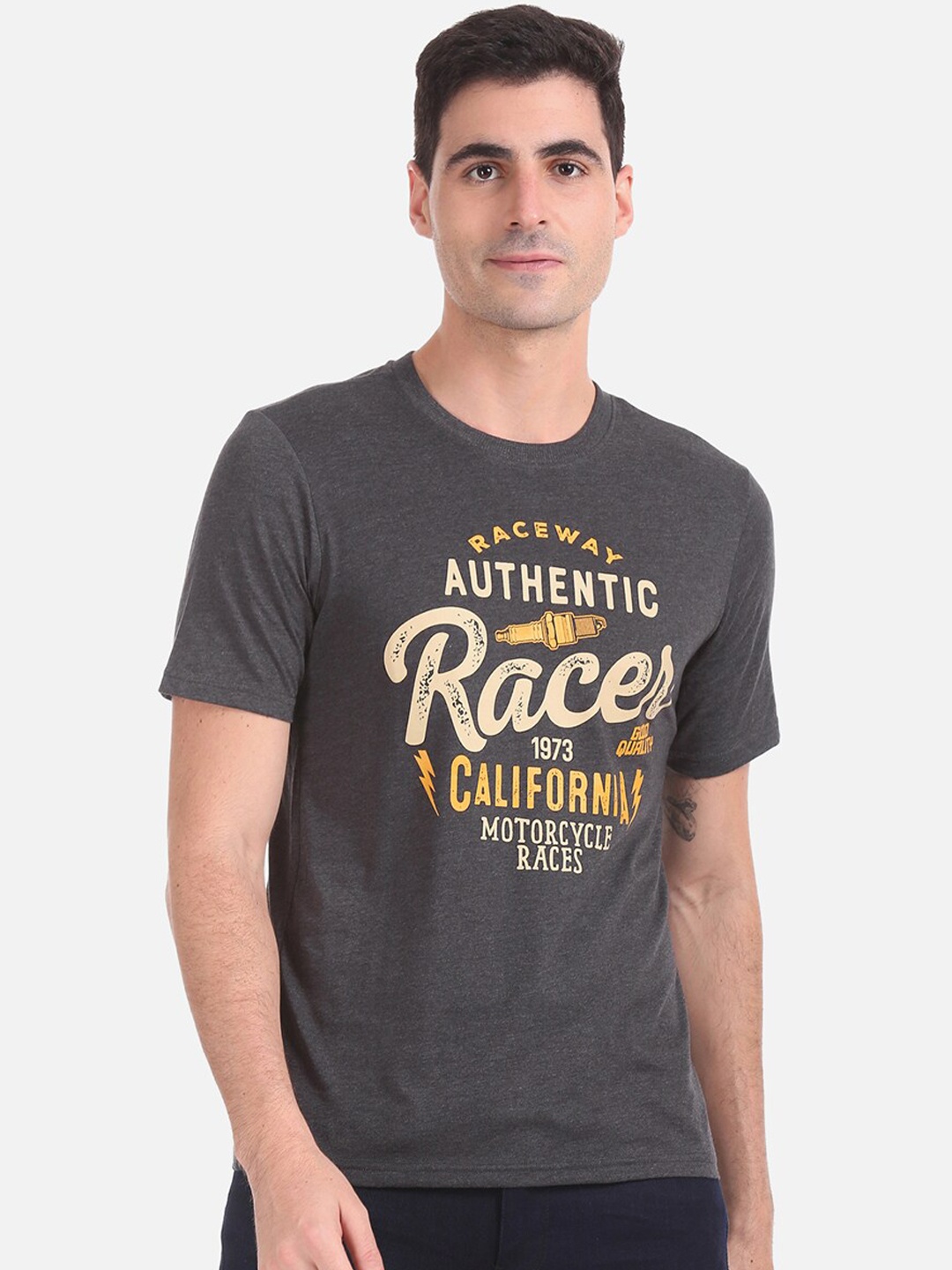 

Cherokee Men Charcoal Printed Round Neck T-shirt