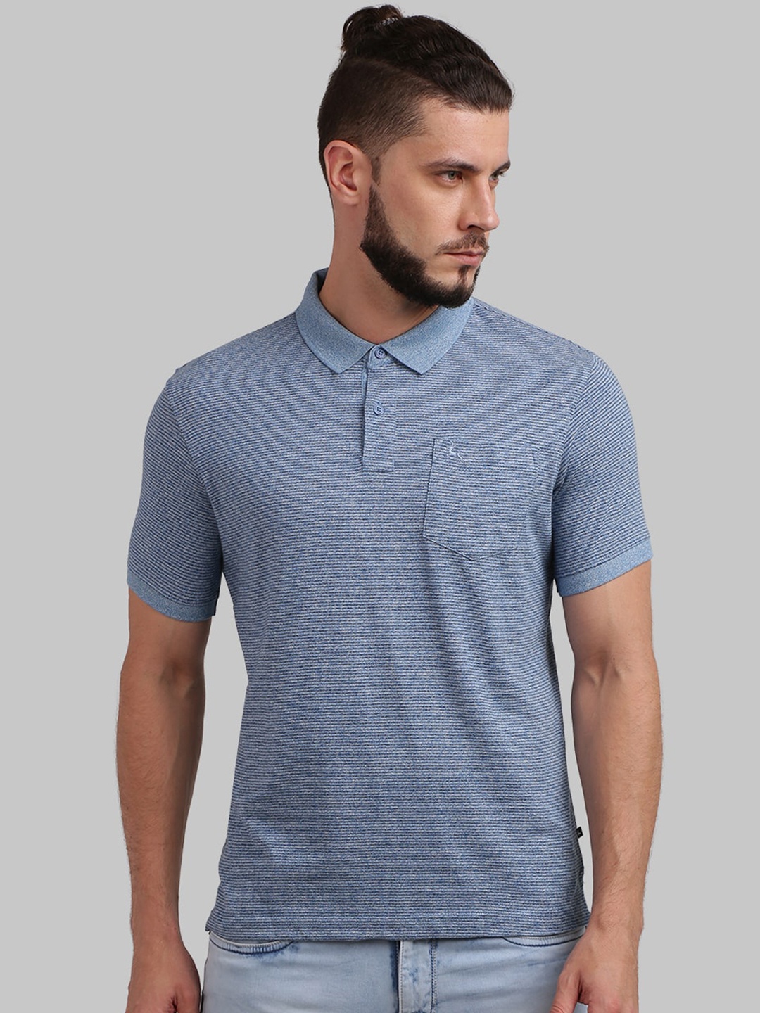 

Parx Men Blue Striped Polo Collar Cotton T-shirt