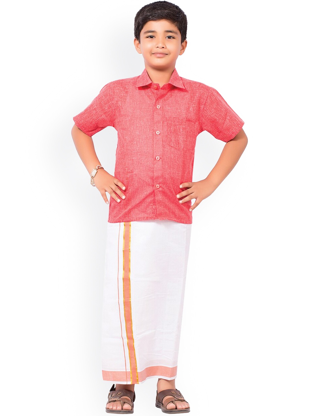 

Thangamagan Boys Red & White Solid Shirt and Veshti