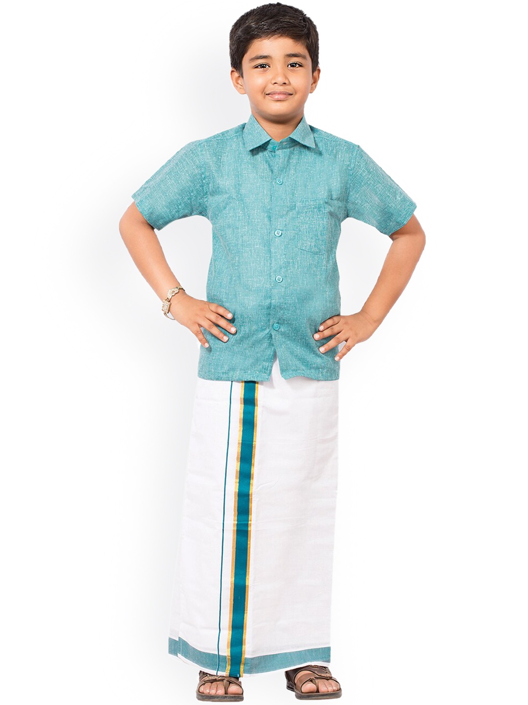 Thangamagan Boys Blue & White Solid Shirt and Veshti