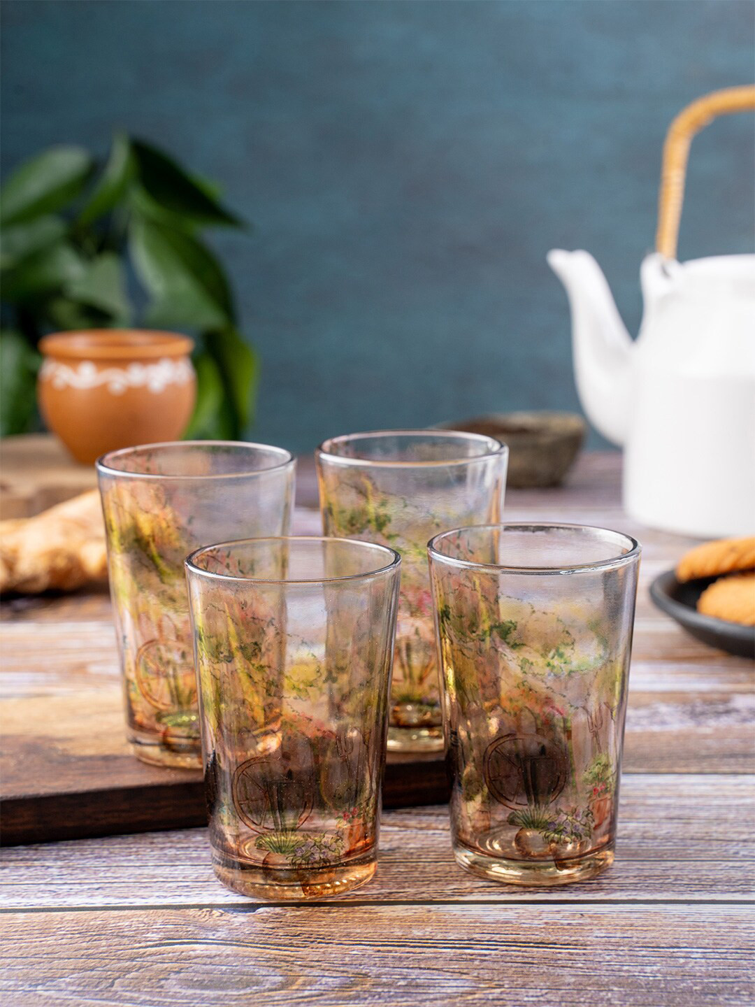 

Kolorobia Set Of 4 Green & Blue Printed Chai Glasses-200ML