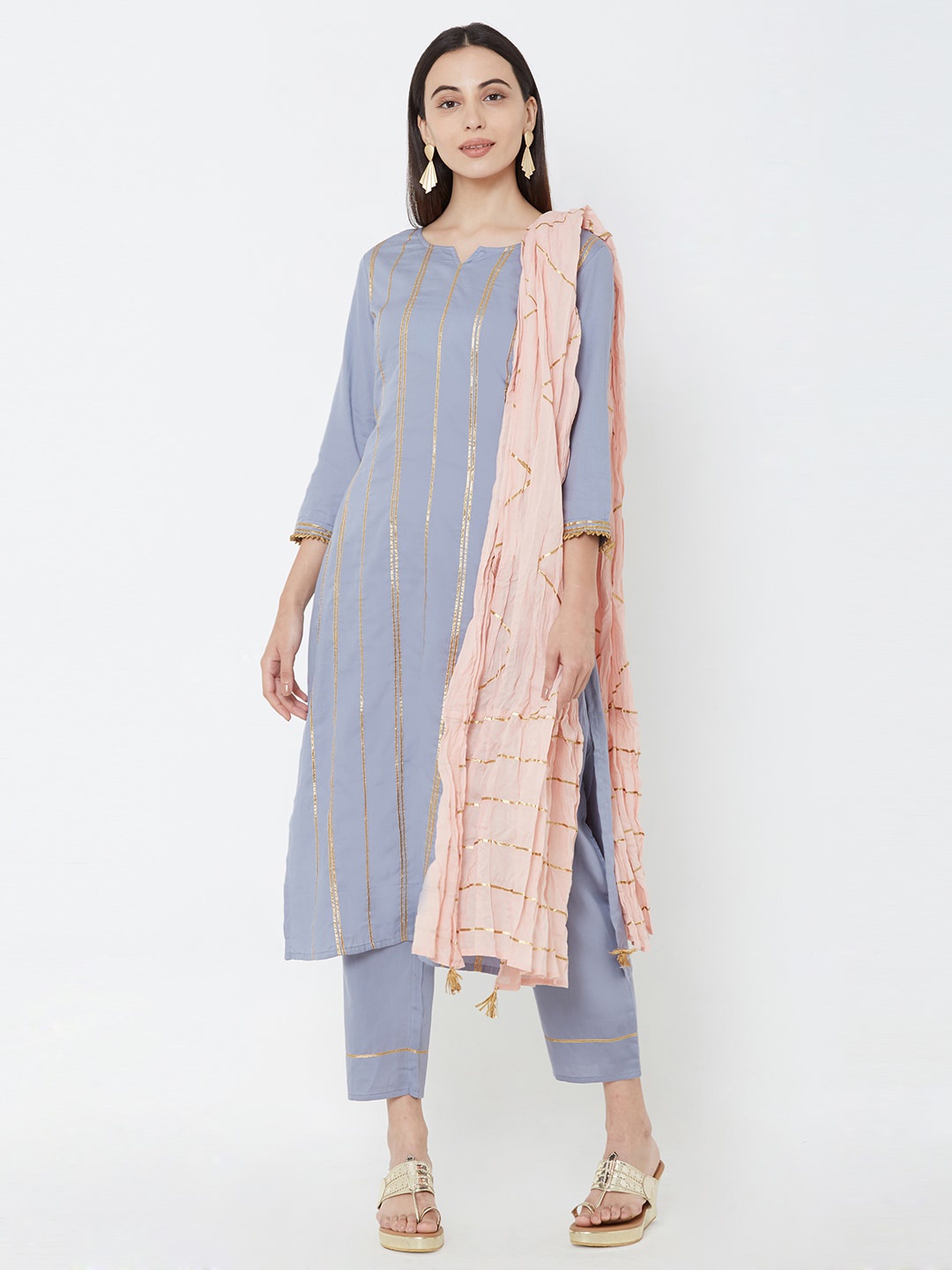 

FASHOR Women Grey & Pink Striped Kurta with Trousers & Dupatta