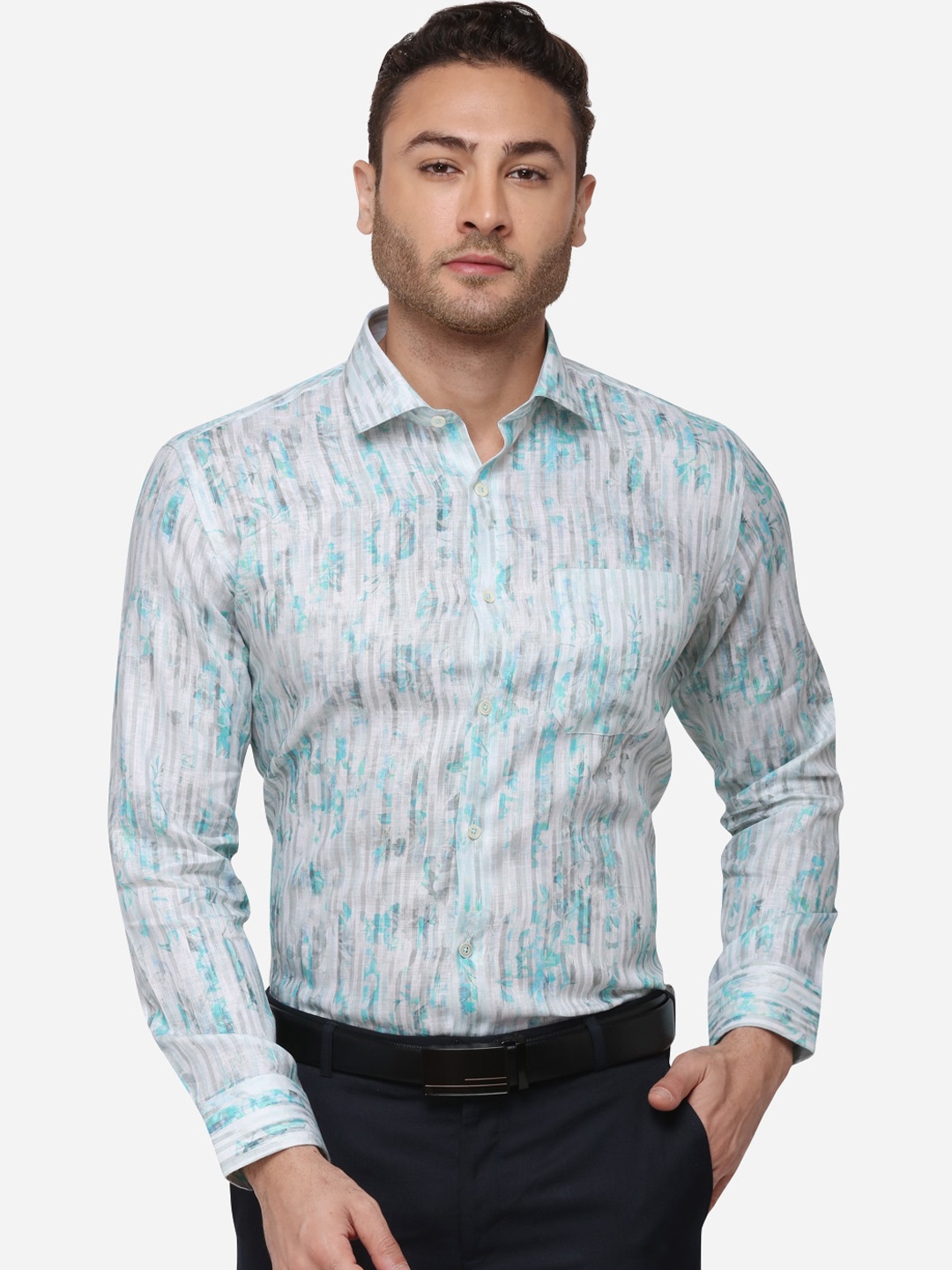 

JADE BLUE Men Turquoise Blue & Grey Slim Fit Printed Formal Shirt