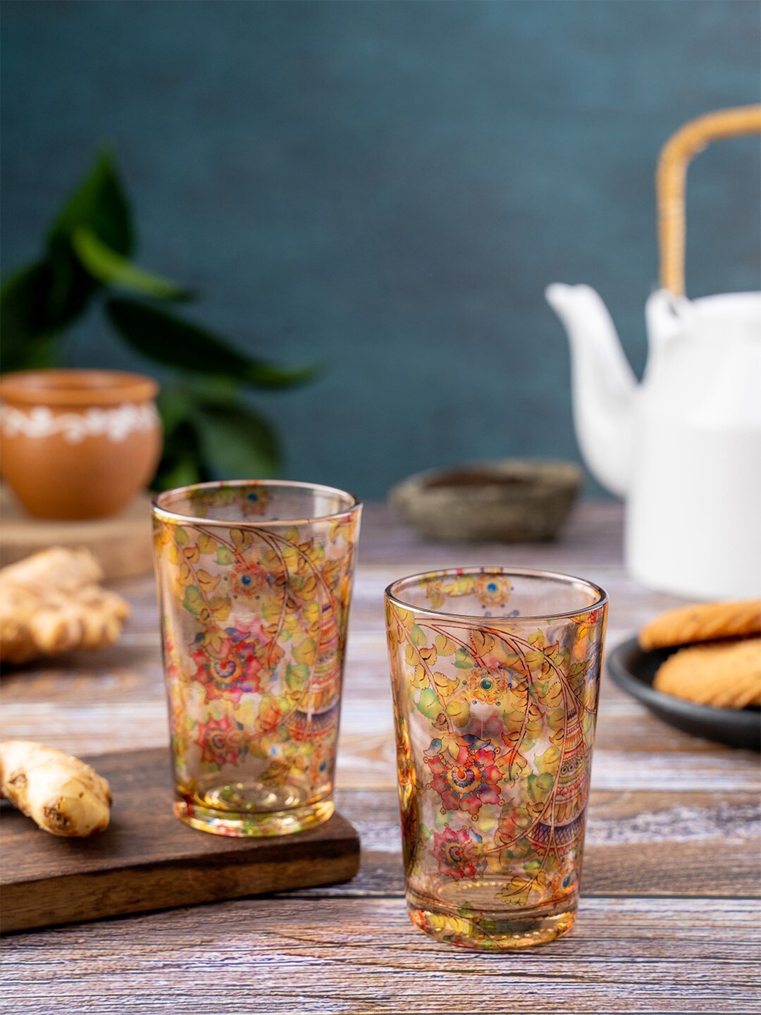 

KOLOROBIA Set Of 2 Beige & Green Printed Glass Cups Set-200ML