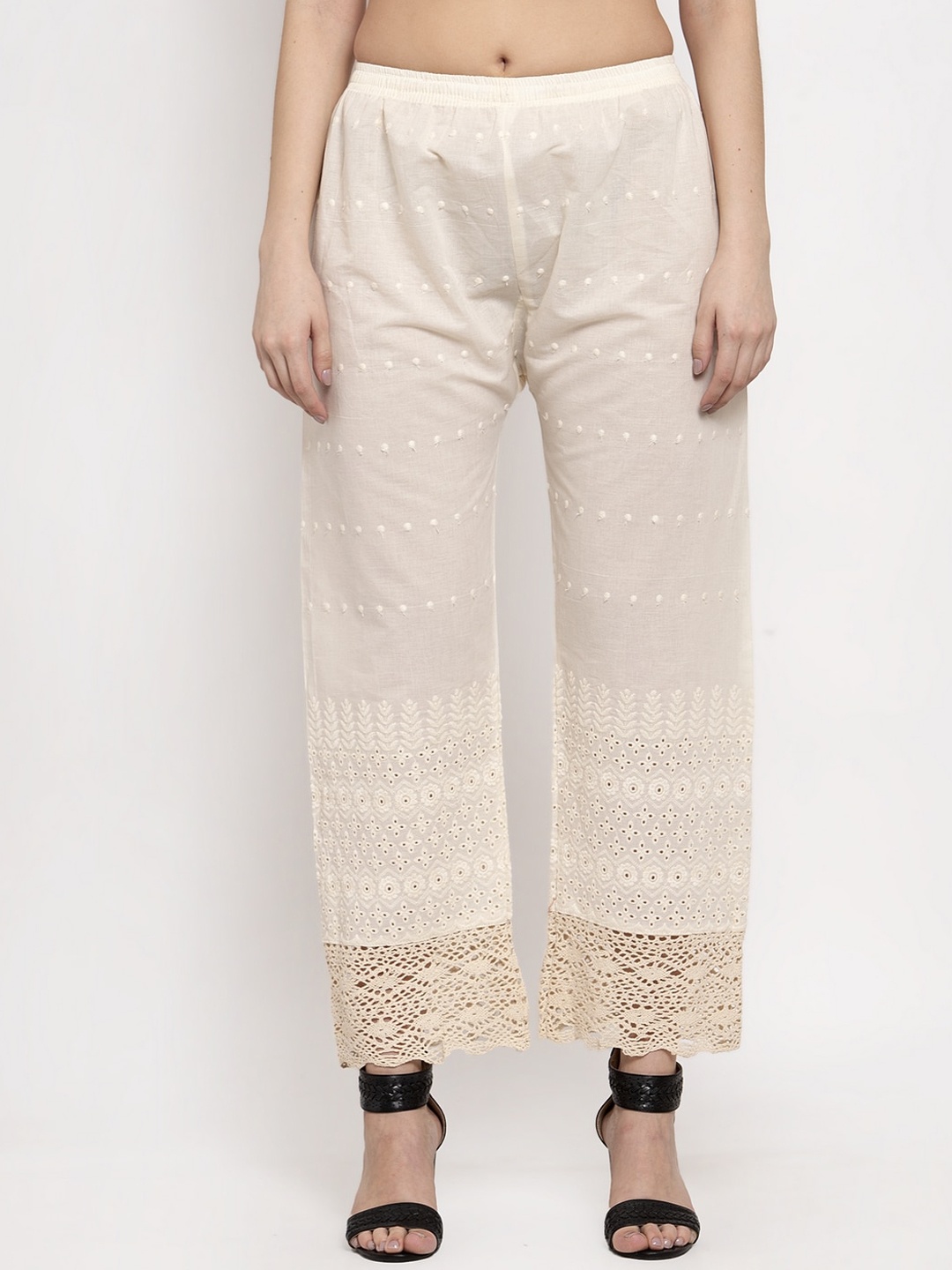 

Miaz Lifestyle Women Off-White Hem Design Straight Palazzos