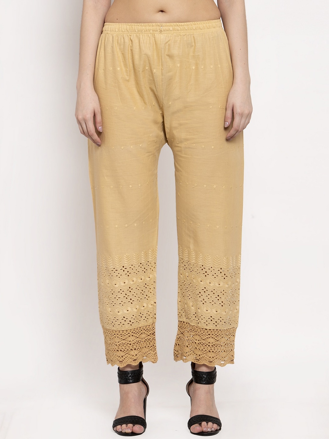 Miaz Lifestyle Women Beige Self-Design Straight Palazzos