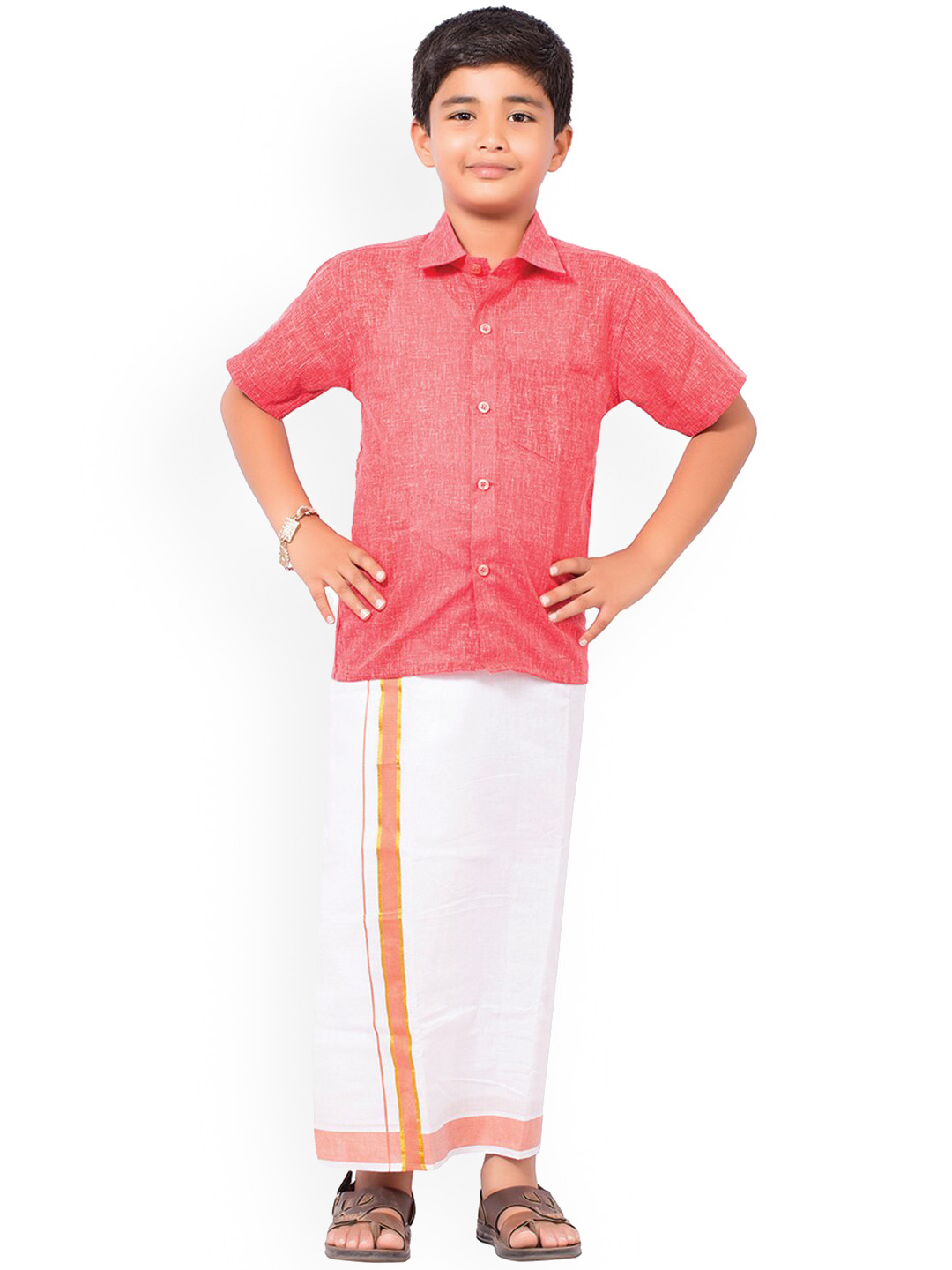

Thangamagan Boys Pink & White Solid Shirt and Veshti