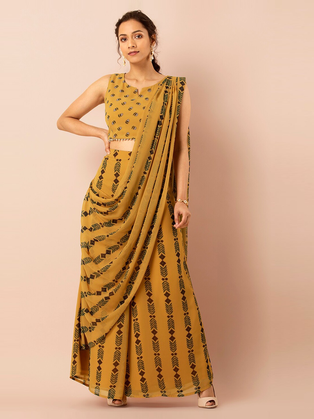 

INDYA Women Yellow Printed Palazzos with Attached Dupatta