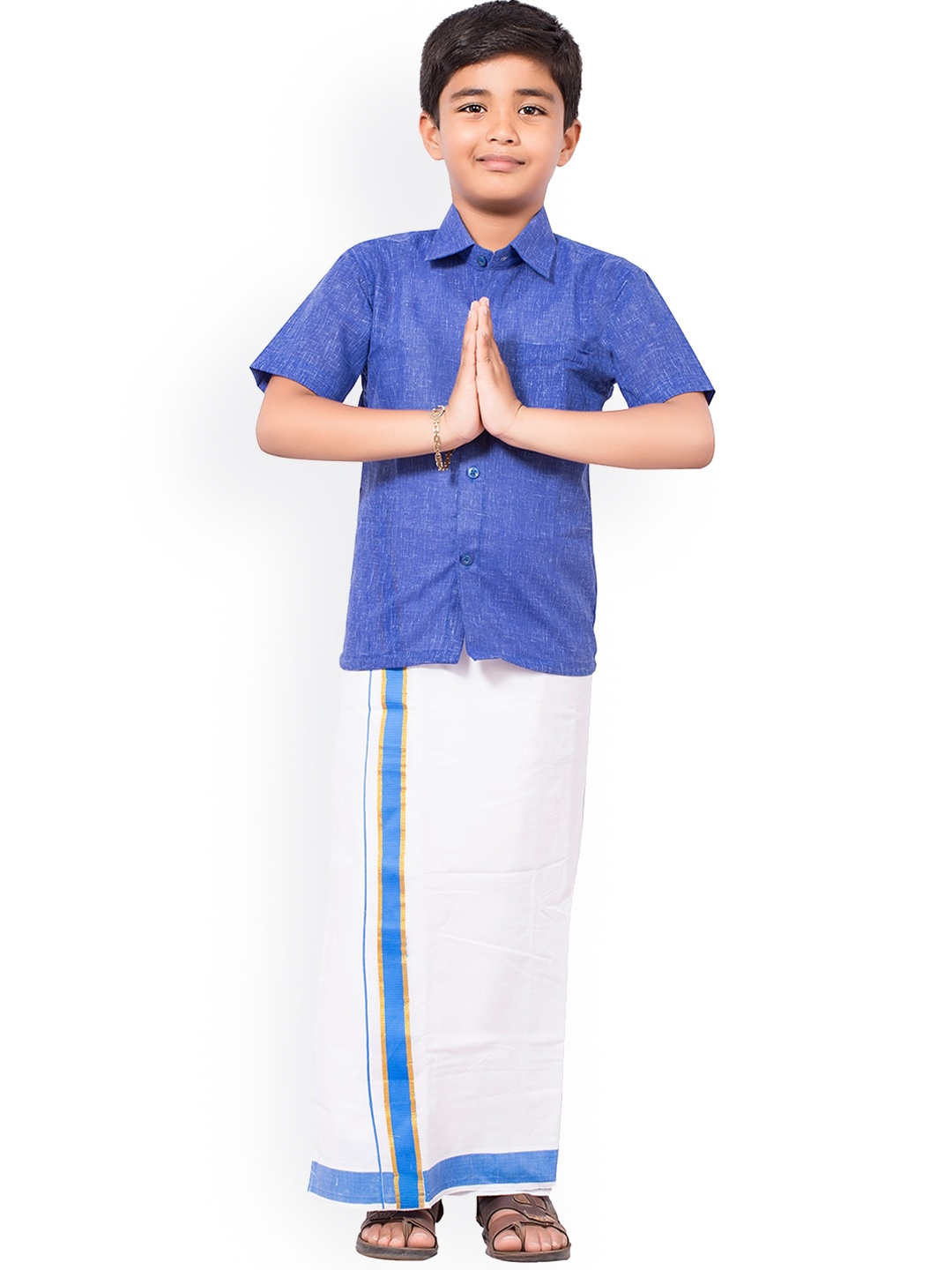 

Thangamagan Boys Blue & White Solid Shirt and Veshti