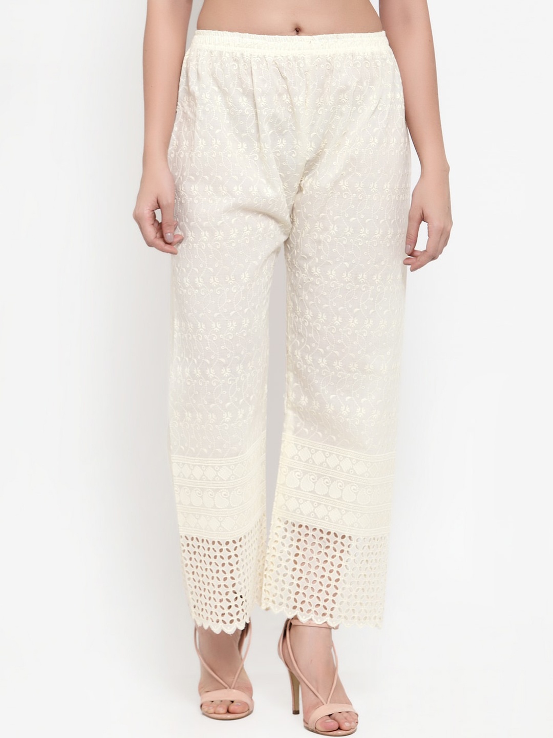 

Miaz Lifestyle Women Cream-Coloured Embroidered Cotton Straight Palazzos