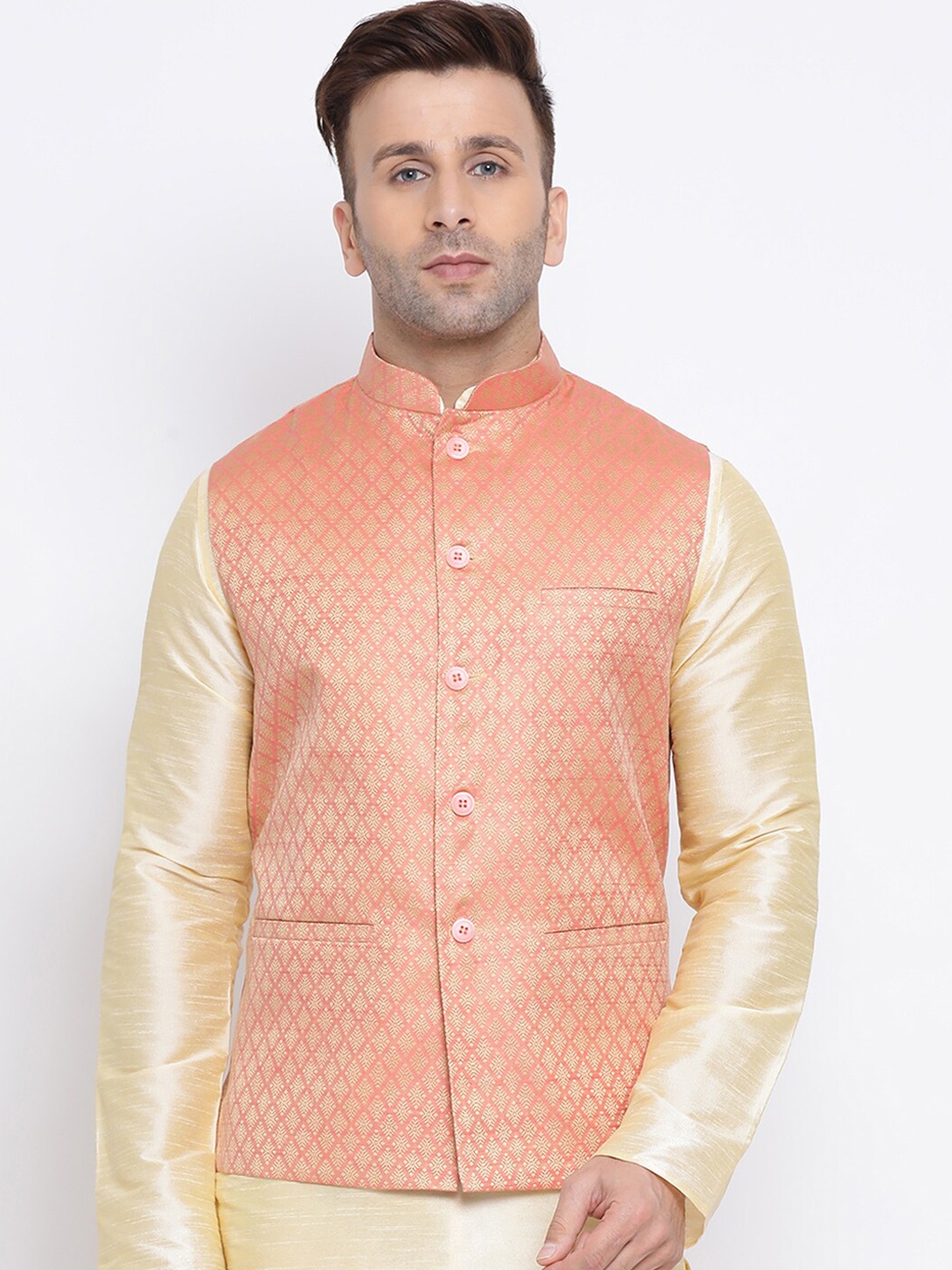

NAMASKAR Men Pink & Gold Woven Design Nehru Jacket