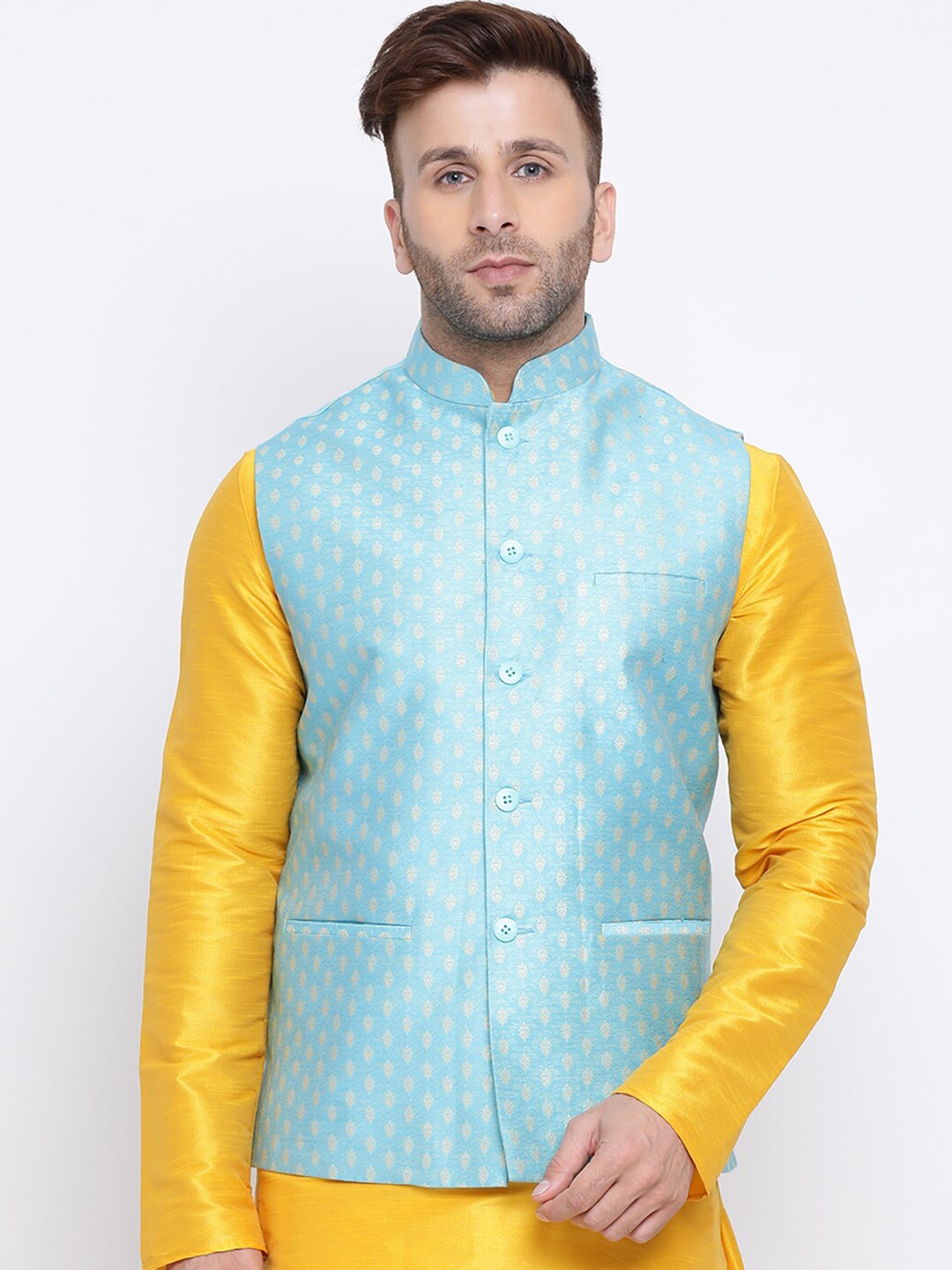 

NAMASKAR Men Blue & Off-White Printed Nehru Jacket