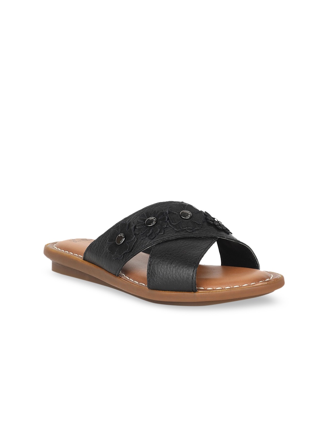 

Hush Puppies Women Black Embellished Leather Open Toe Flats