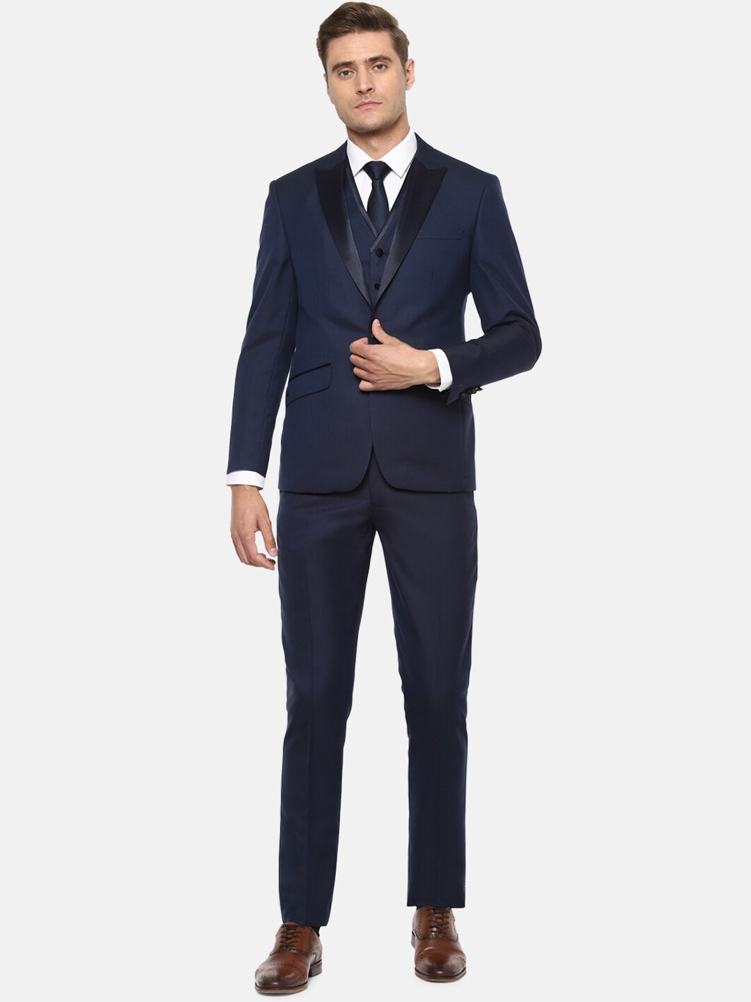

Louis Philippe Men Navy Blue Solid Three Piece Suit