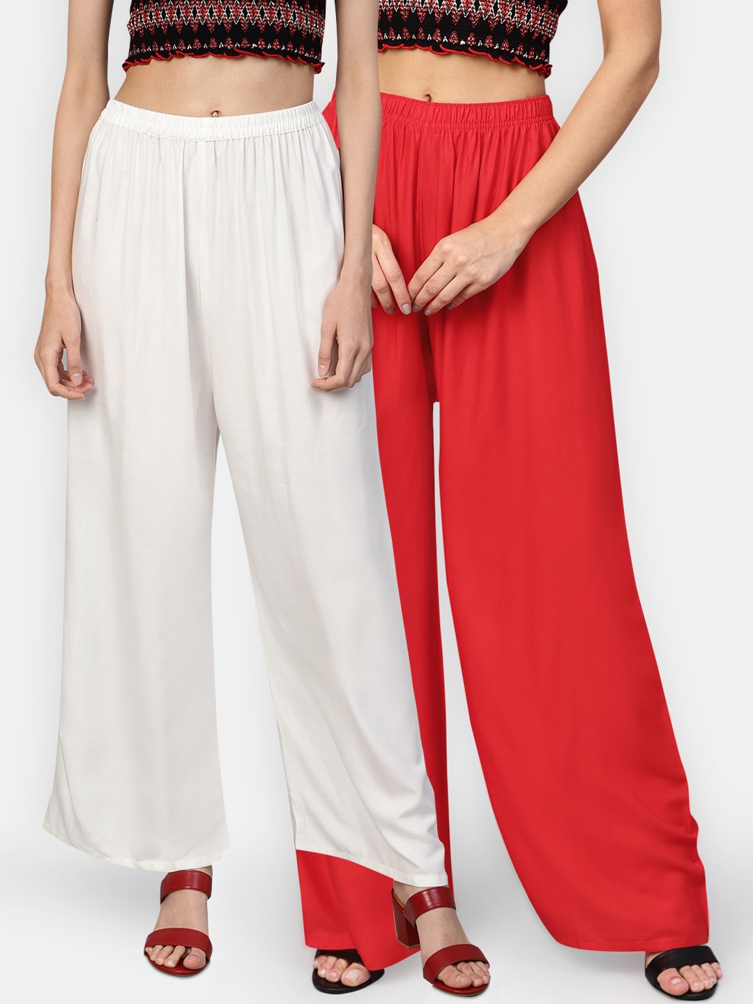 

Jompers Women Pack of 2 Off-White & Red Solid Wide Leg Palazzos