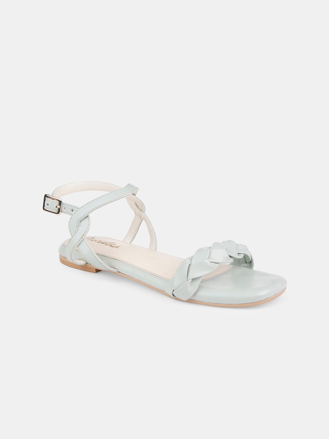 

AURELIA Women Green Textured PU Open Toe Flats