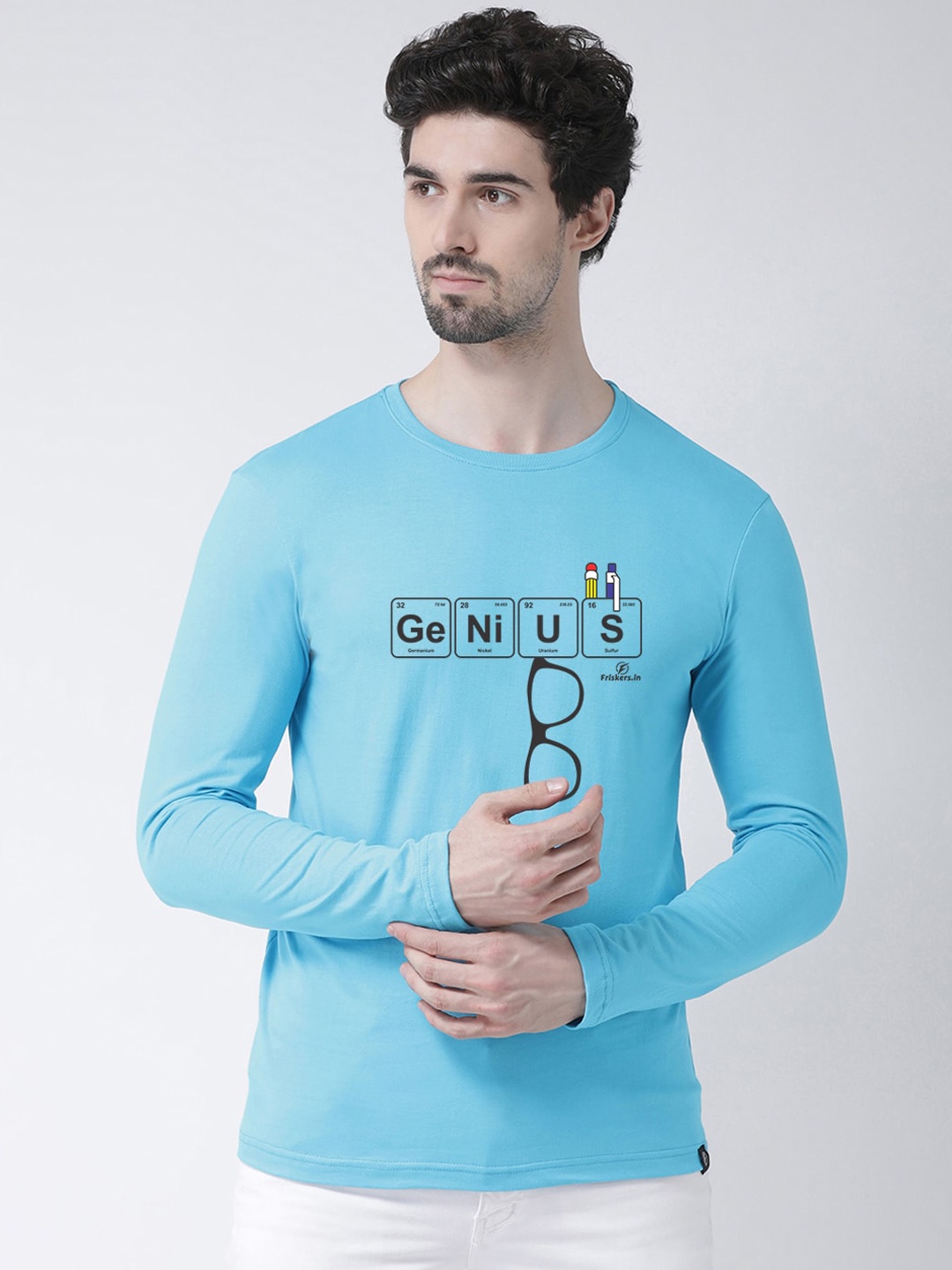 Friskers Men Turquoise Blue & Black Slim Fit Printed Round Neck T-shirt