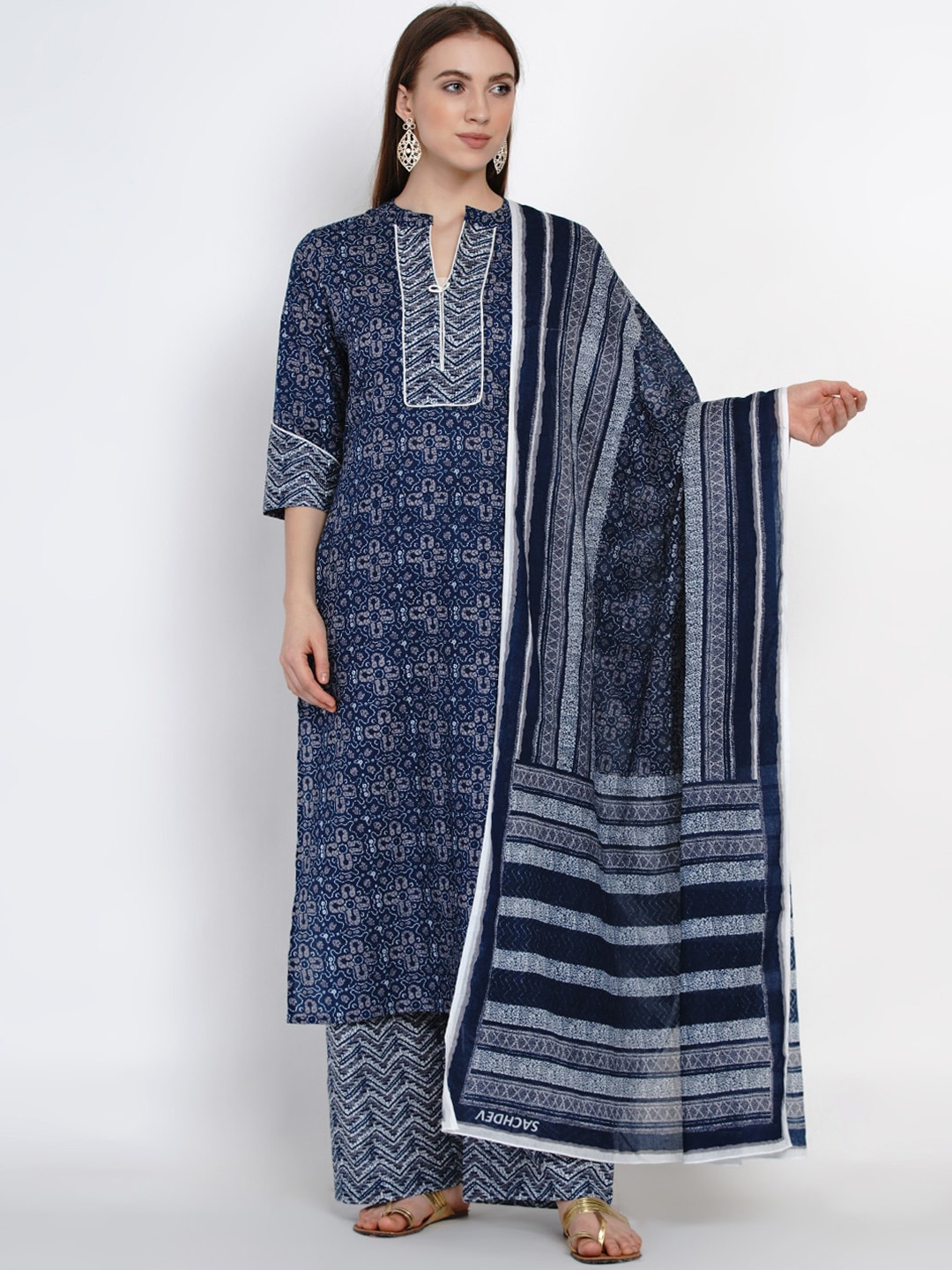 

Yuris Women Navy Blue & White Printed Kurta with Palazzos & Dupatta