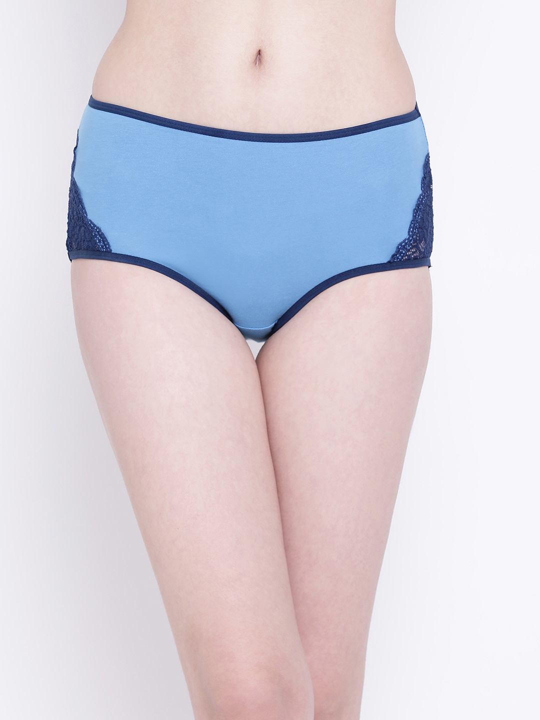 High Waist Hipster Panty with Lace Inserts in Light Blue- Cotton & Lace