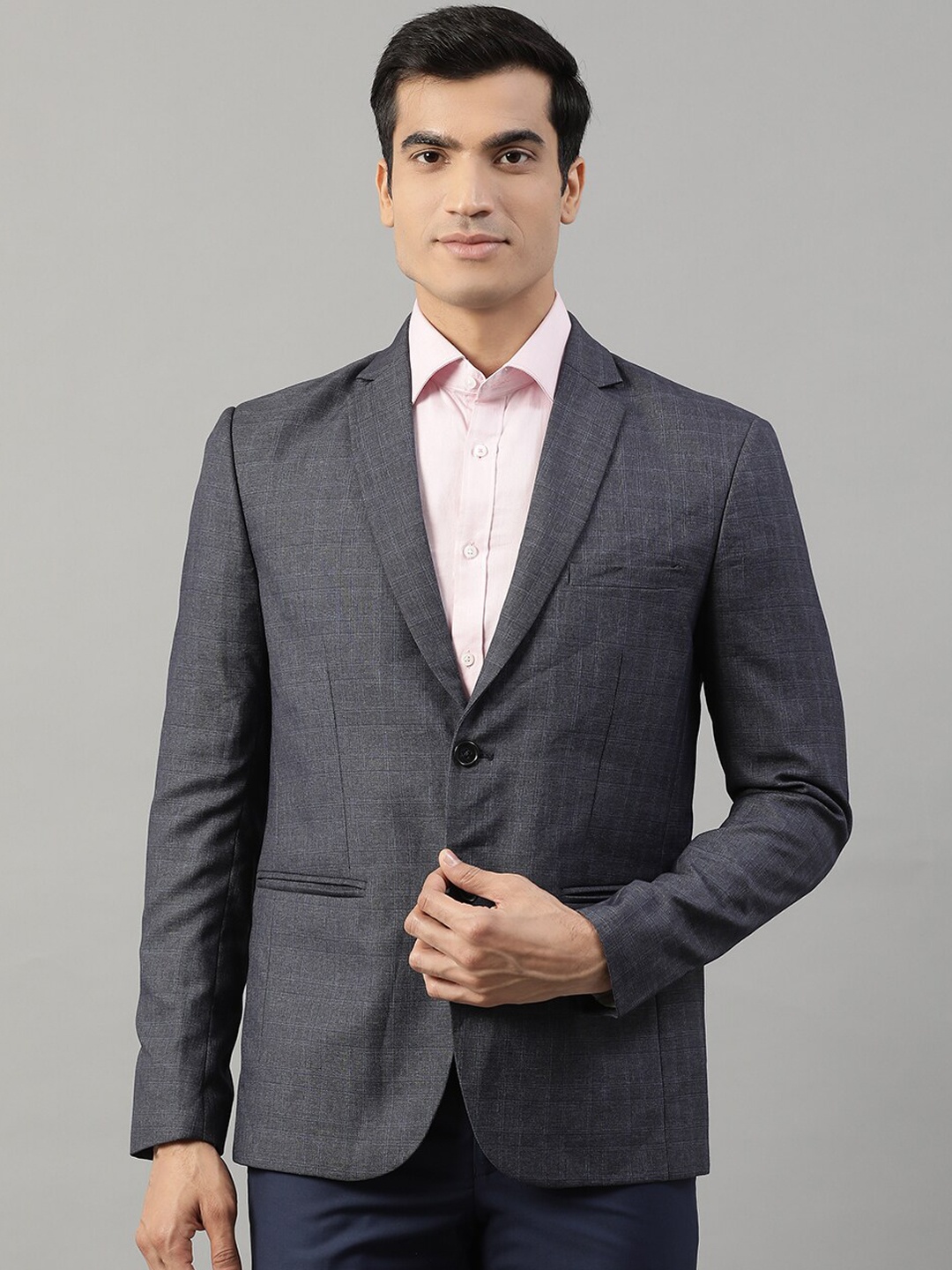 

HARSAM Men Grey Checked Regular-Fit Single-Breasted Formal Pure Cotton Blazer