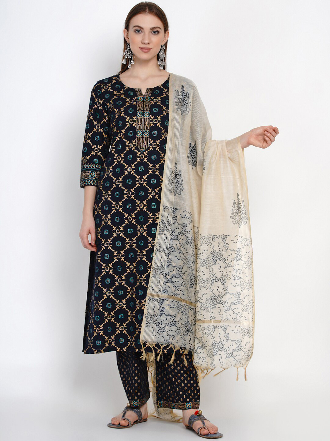 

Yuris Women Black & Beige Printed Kurta with Palazzos & Dupatta