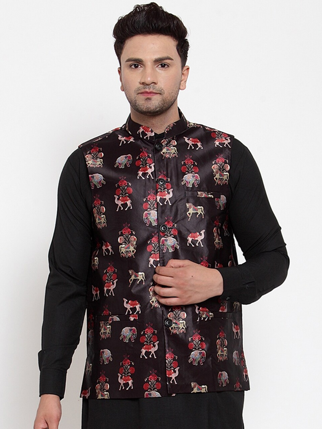 

Jompers Men Black & Red Printed Nehru Jacket