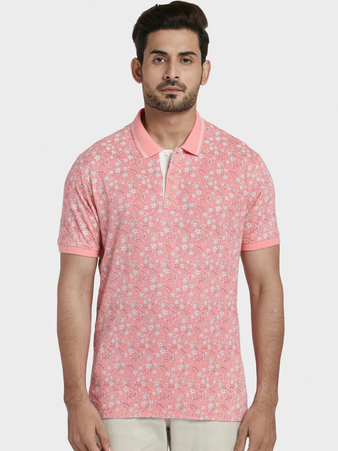 

ColorPlus Men Peach-Coloured Self Design Polo Collar T-shirt