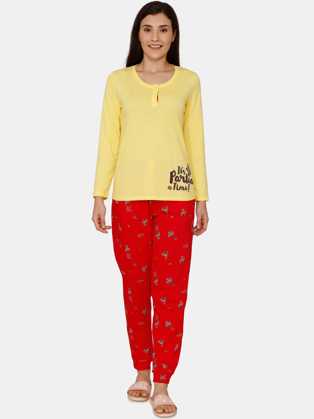 

Zivame Women Yellow & Red Printed Night Suit