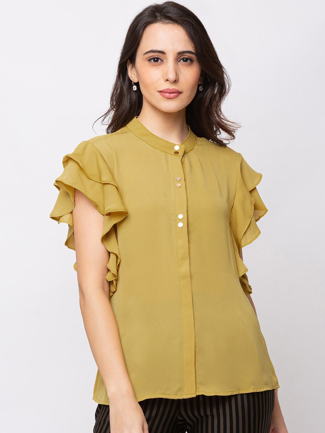

SHECZZAR Women Olive Green Solid Shirt Style Top