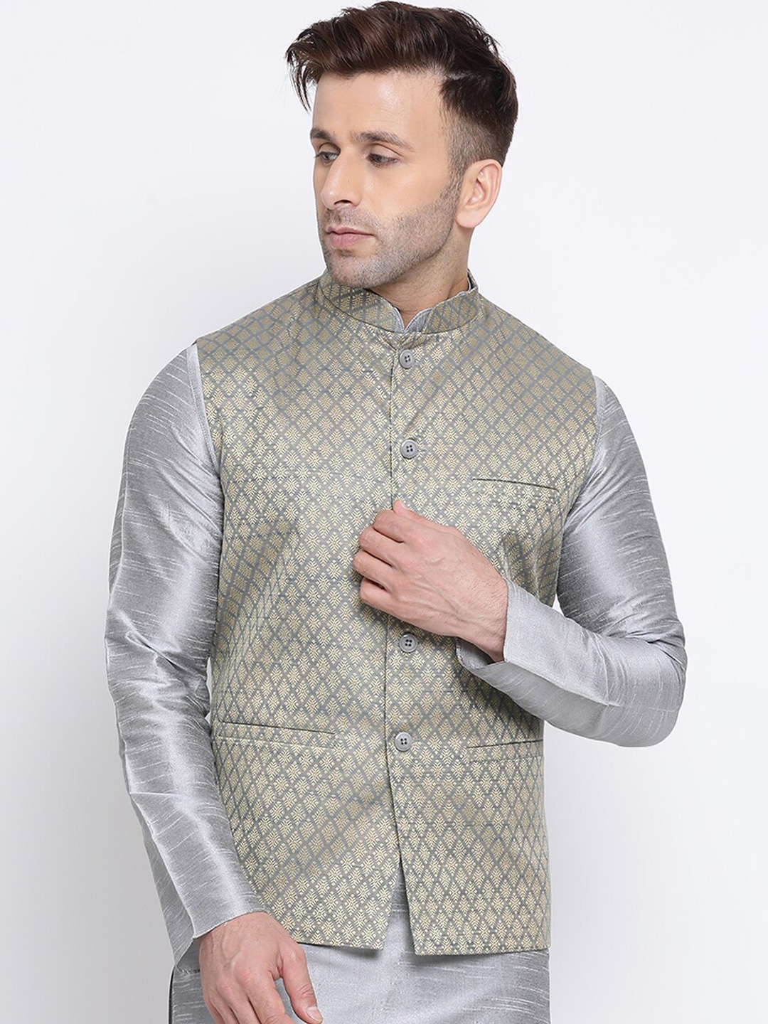 

NAMASKAR Men Silver-Toned & Green Woven Design Nehru Jacket