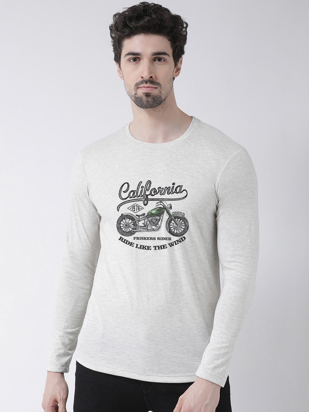 Friskers Men White Printed Round Neck Pure Cotton T-shirt