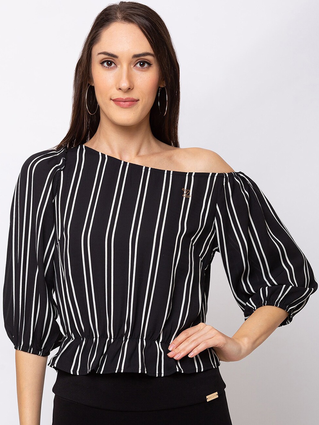 

SHECZZAR Women Black Striped Bardot Top