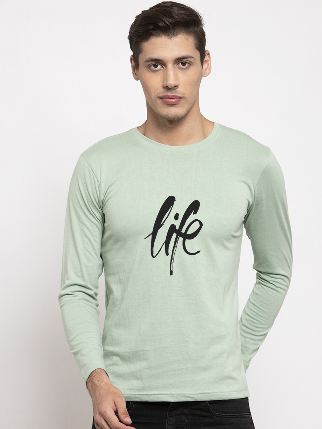 Friskers Men Sea Green Printed Round Neck Pure Cotton T-shirt