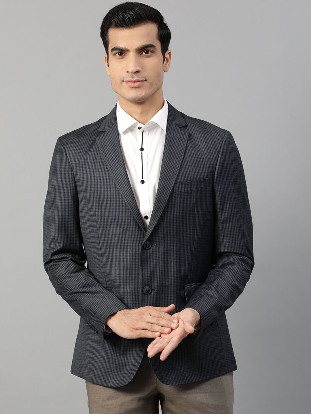 

HARSAM Men Blue Checked Single-Breasted Formal Blazer