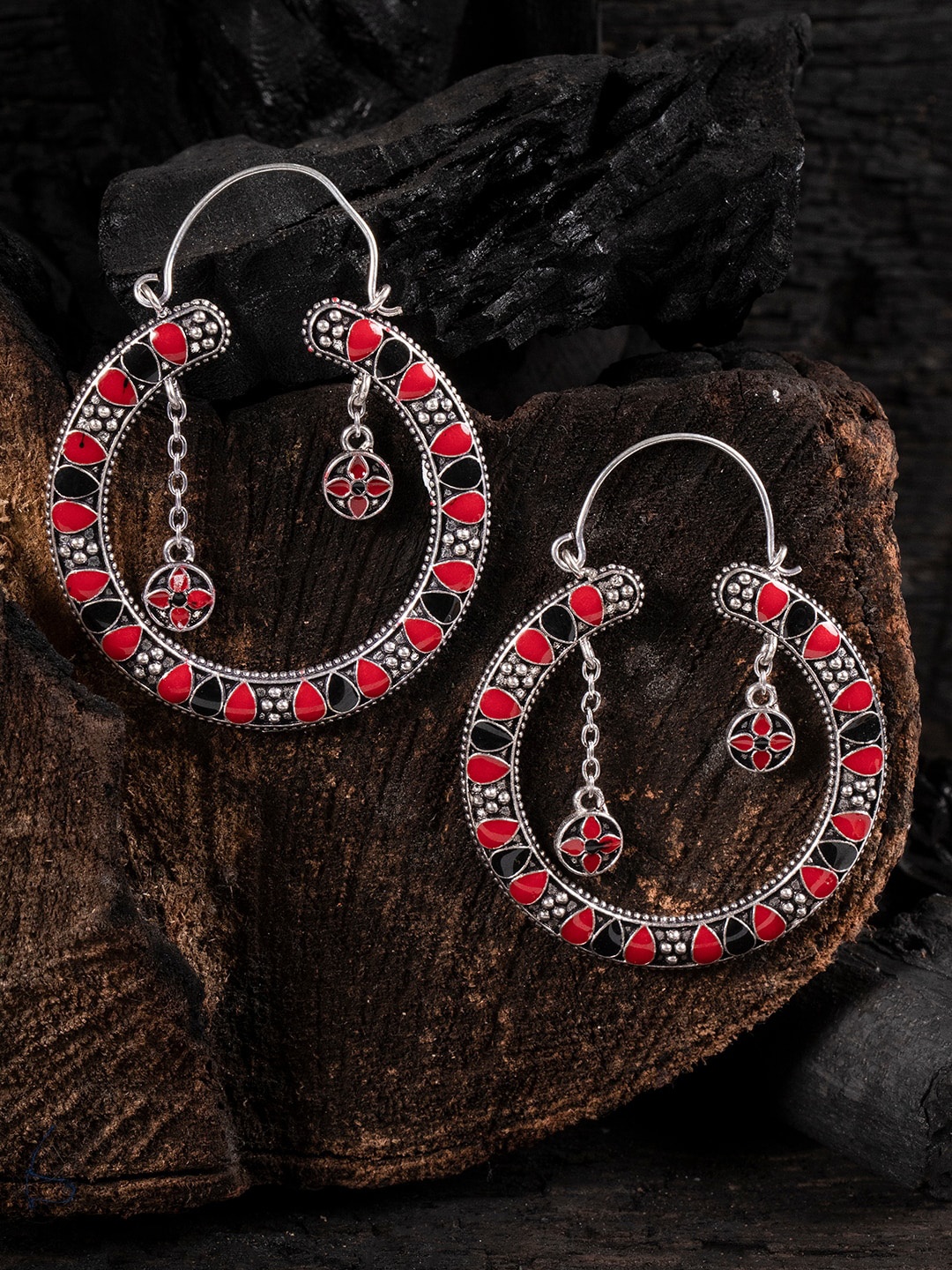

Shoshaa Red Silver Plated Handcrafted Circular Drop Earrings