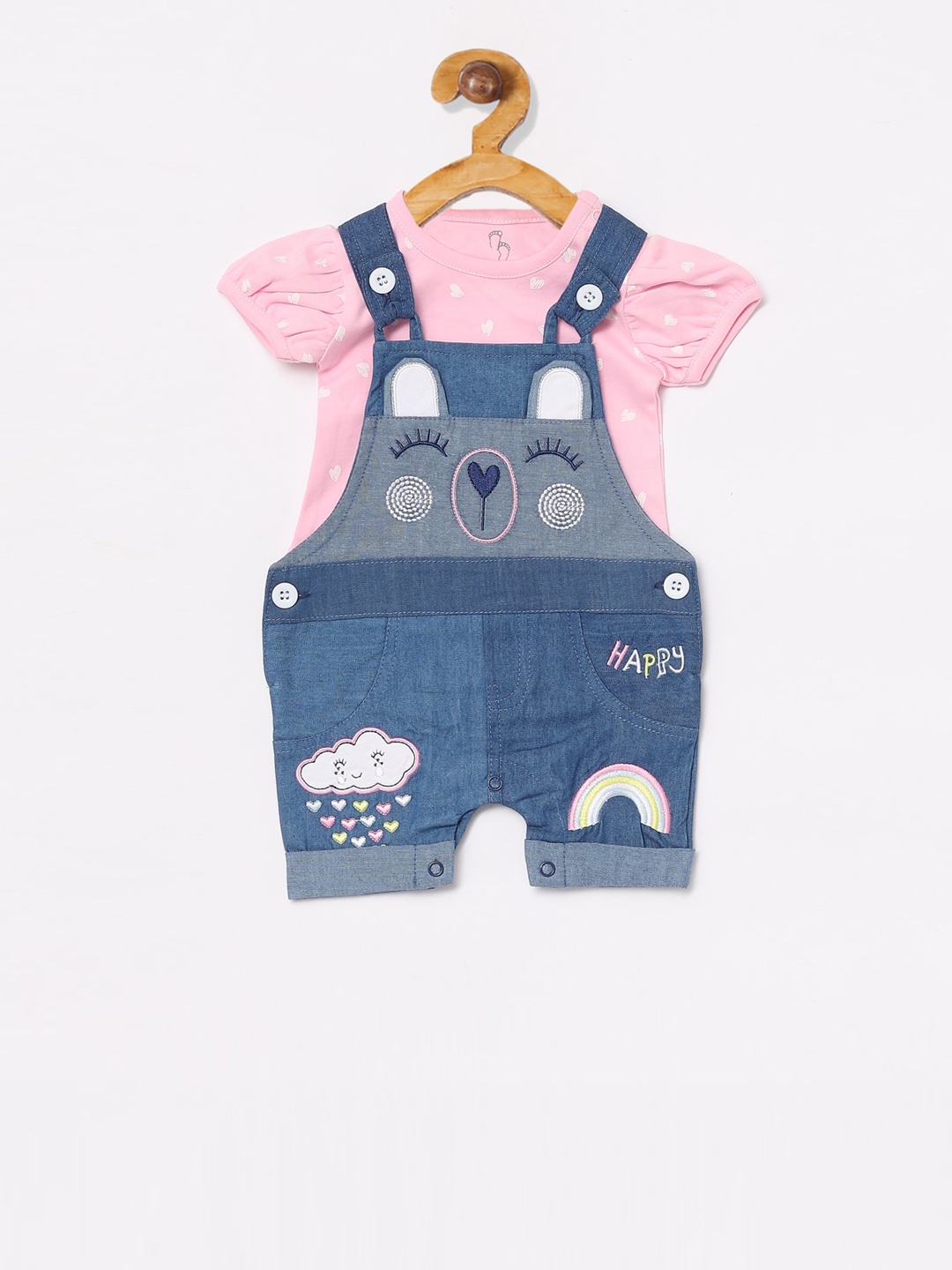 

BABY GO Infant Boys Pink & Blue Printed Dungarees With T-shirt